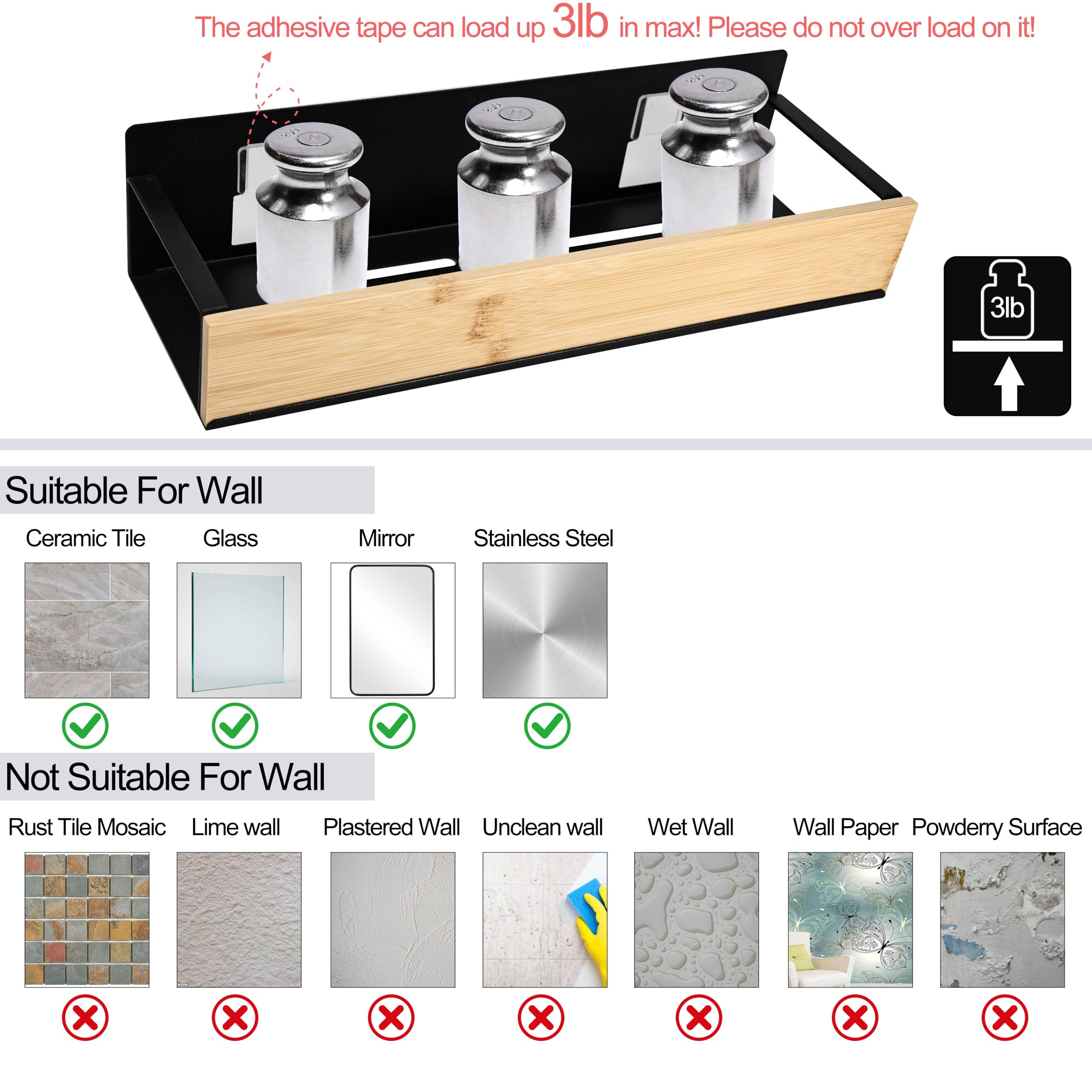 Wall Mount Organizer Adhesive Metal Shelf with Bamboo Lip Bathroom Shelves for Wall Self Adhesive Organizer Shower Caddies — view 4