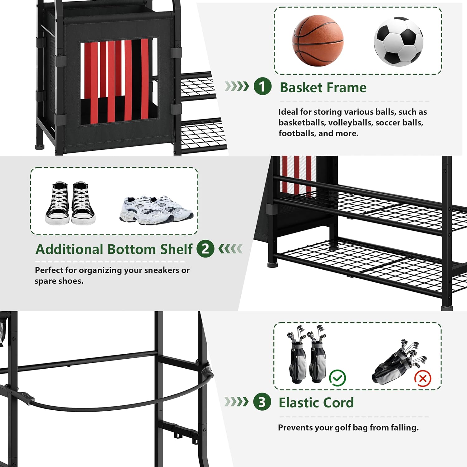 Garage Sports Equipment Organizer, Golf Bag Storage Rack, Organizer for 2 Golf Bag , Indoor/Outdoor Ball Storage Bins for Toy Sports Gear Storage, Ideal for Home, Garage, Club, Shed, Basement