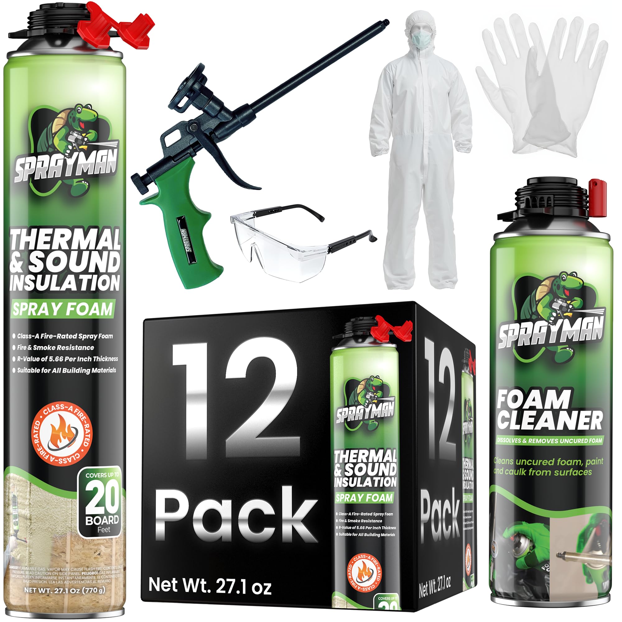 Sprayman Spray Foam Insulation Kit - 12 Cans, 240 Board Feet, Closed Cell, Can Gun & Cleaner Included