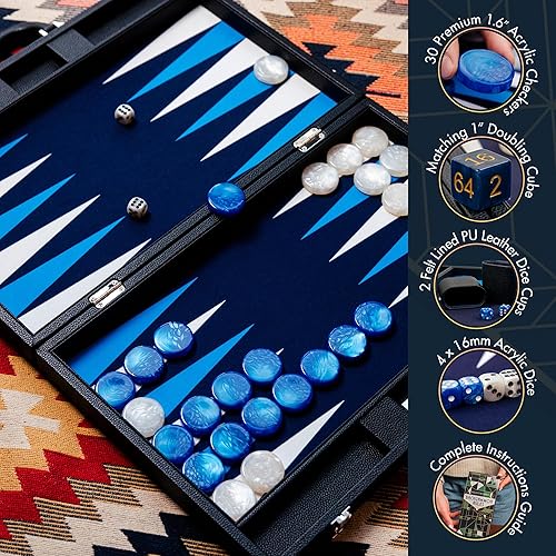 Miniatura 4 de Juego de backgammon prémium de 19 pulgadas para adultos, cuero negro - azul. Juego de damas y dados prémium de 1.6 pulgadas, juego de backgammon de