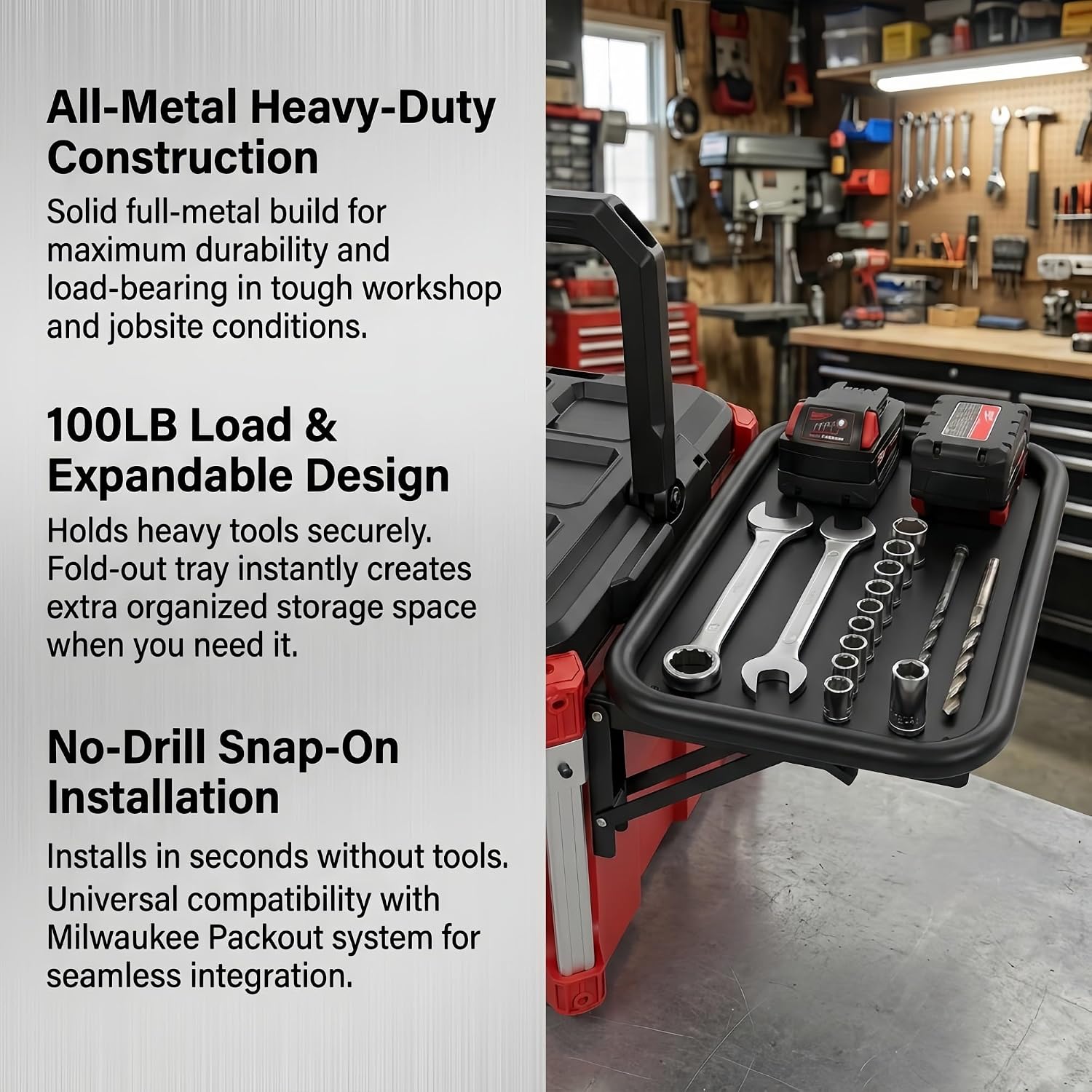 Foldable Side Mount Work Tray Compatible with Milwaukee Packout System, Round Tubing Frame Heavy Duty Packout Box Expansion Work Station Tray, Max 100LB Load Capacity (Black1) image 4