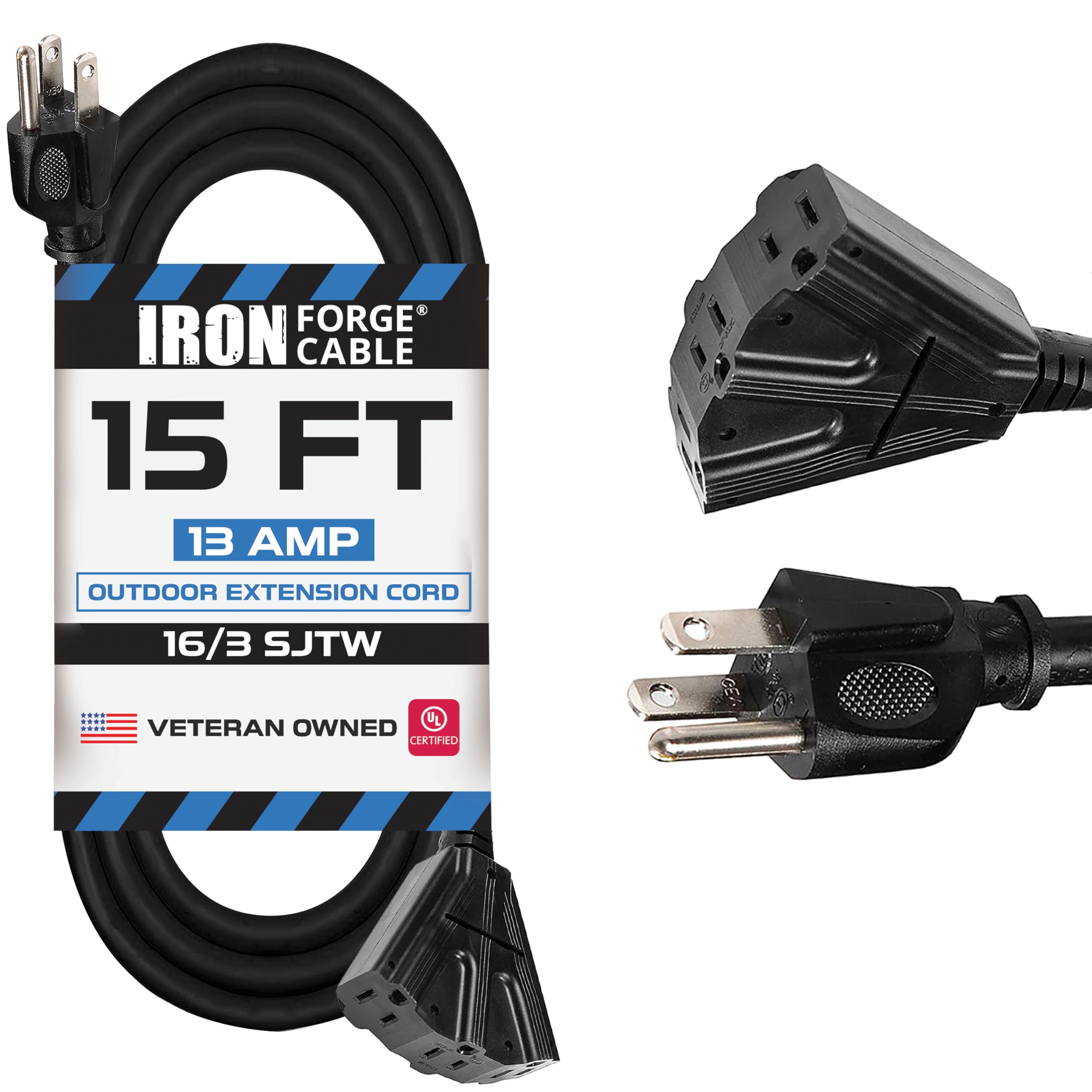 IRON FORGE CABLE 3 Outlet Outdoor Extension Cord 15 ft, 16/3 SJTW Black Extension Cord with Multiple Outlets 3 Prong, 13 Amp Exterior Power Cable for Outdoor Lights, Lawn, Landscaping