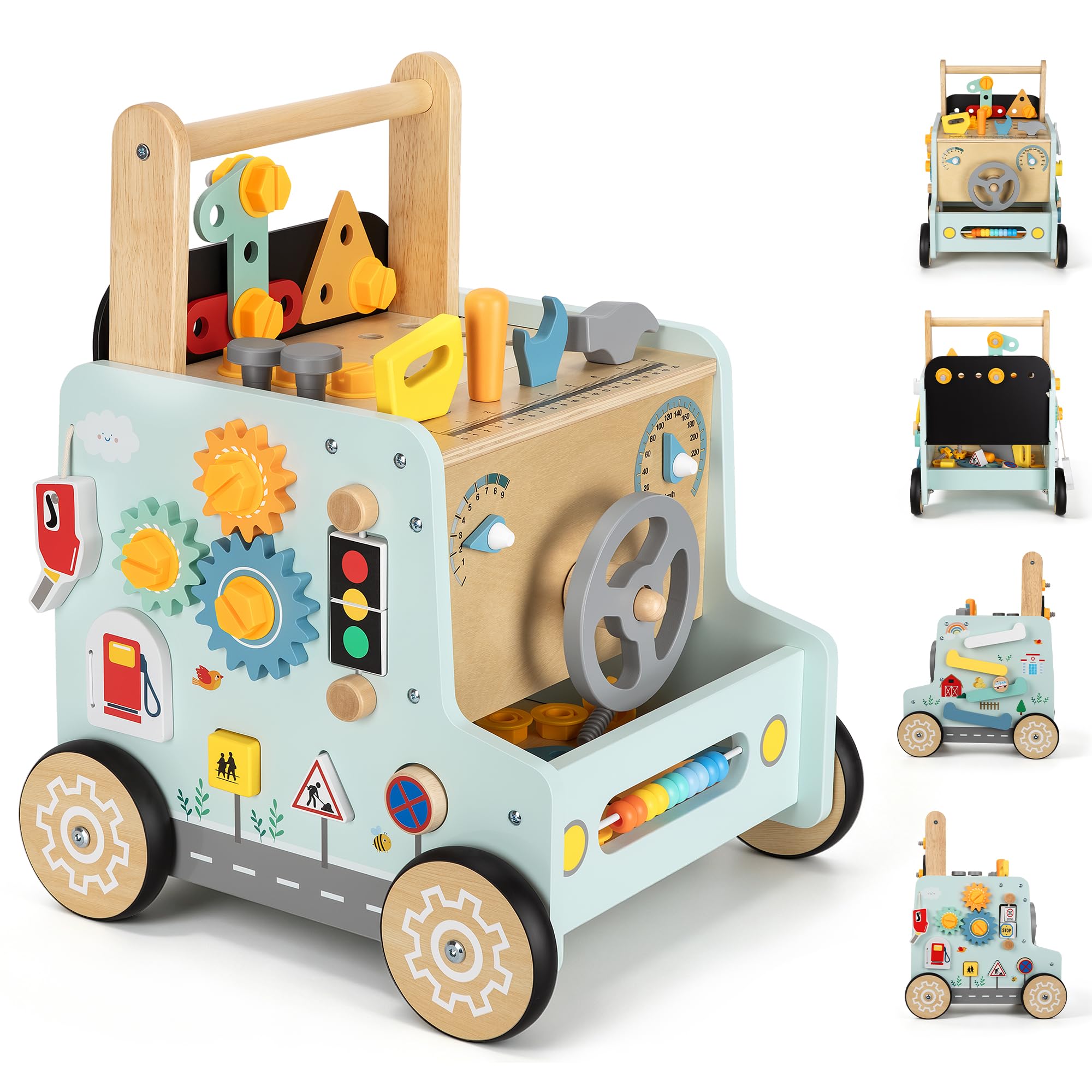 Girello per Bambini di Legno Multifunzione Carrello Primi Passi 12+ Mesi Giocattolo Educativo Push Walker Regalo Bambini e Bambine - Carrello da Cantiere Blu