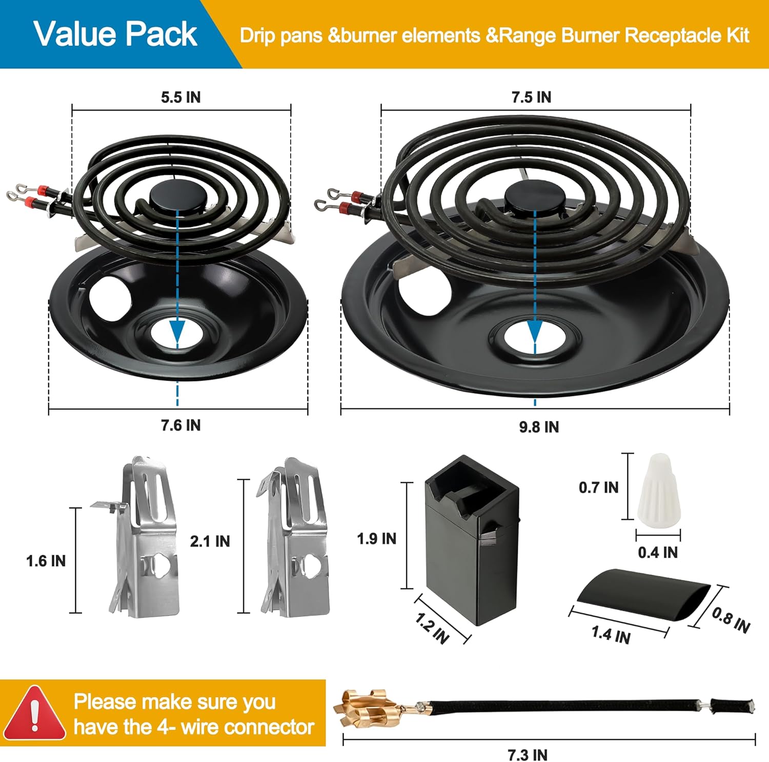 Black Drip Pans Porcelain and MP22YA Stove Burner Elements Set with 330031 Range Burner Receptacle Kit Compatible with Tanp-pan Ken-more Frigi-daire Electric Stove Burner Replacement by Fetechmate