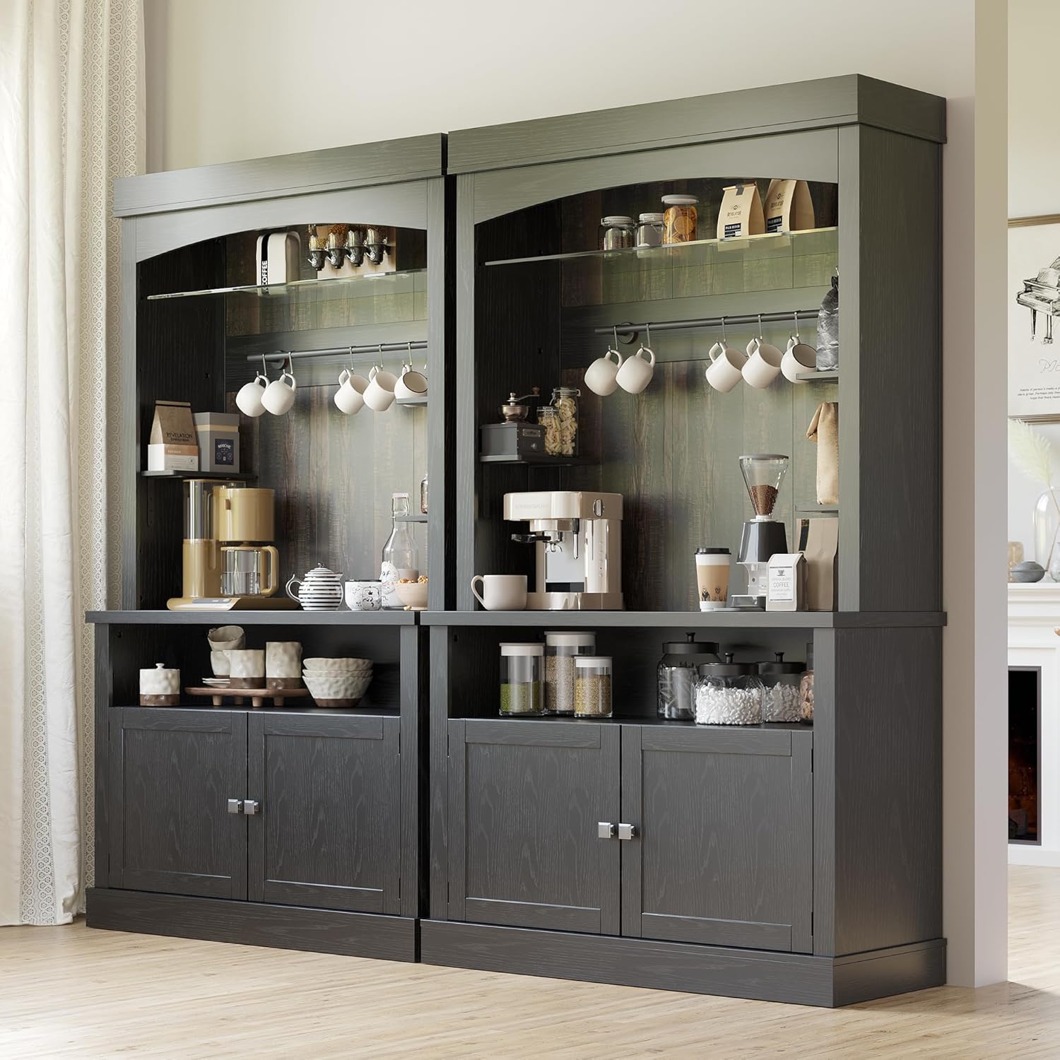 CABIHOME 72" Coffee Hutch Large Kitchen Sideboard，Farmhouse Coffee Bar Cabinet with Storage LED Buffet Cabinet with Wine Rack/Glass Shelf for Kitchen, Dining Room, Living Room(Black)