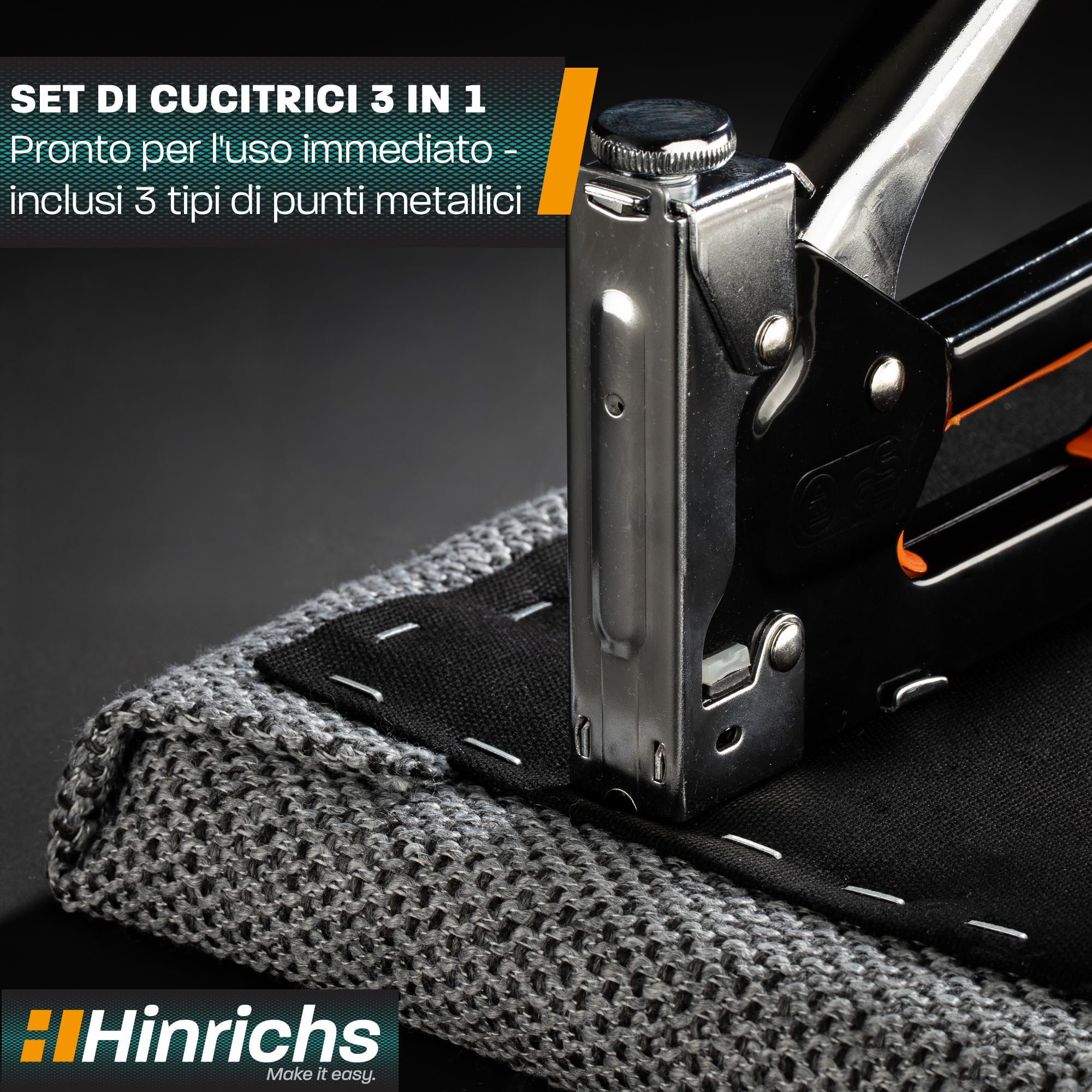Hinrichs Cucitrice e Spillatrice Professionale 3-in-1 – Pistola Sparachiodi e Pinzatrice Manuale per Legno, Mobili e Tessuti – Include 1600 Graffe e 800 Chiodi | Pinzatrice e Sparachiodi per Fai-da-te