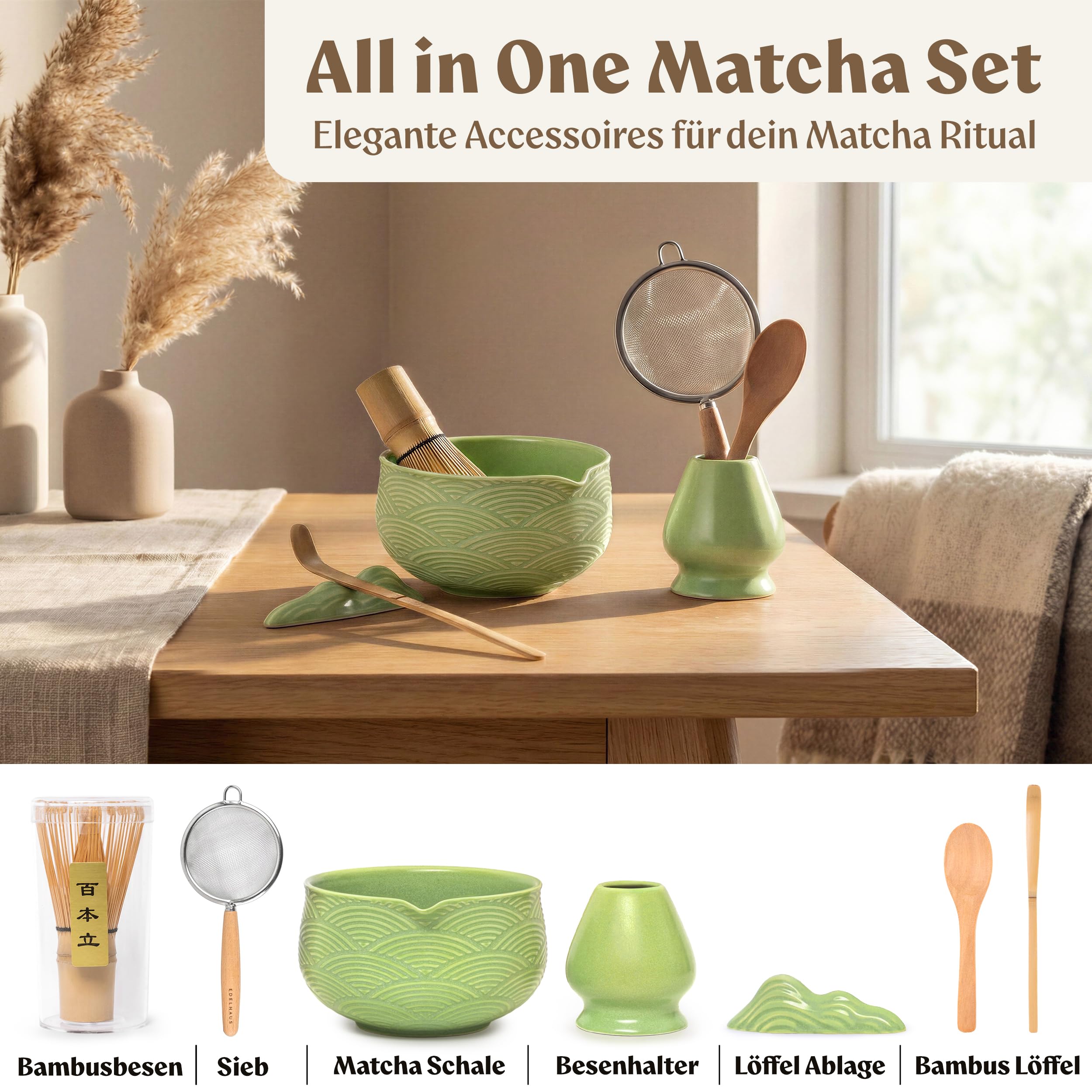 EDELHAUS Matcha Set (7 Teilig) Matcha Schale mit Besen, Sieb, Löffel - Einzigartiges Design Ceremonial Grade Matcha Tee Set (Grün)