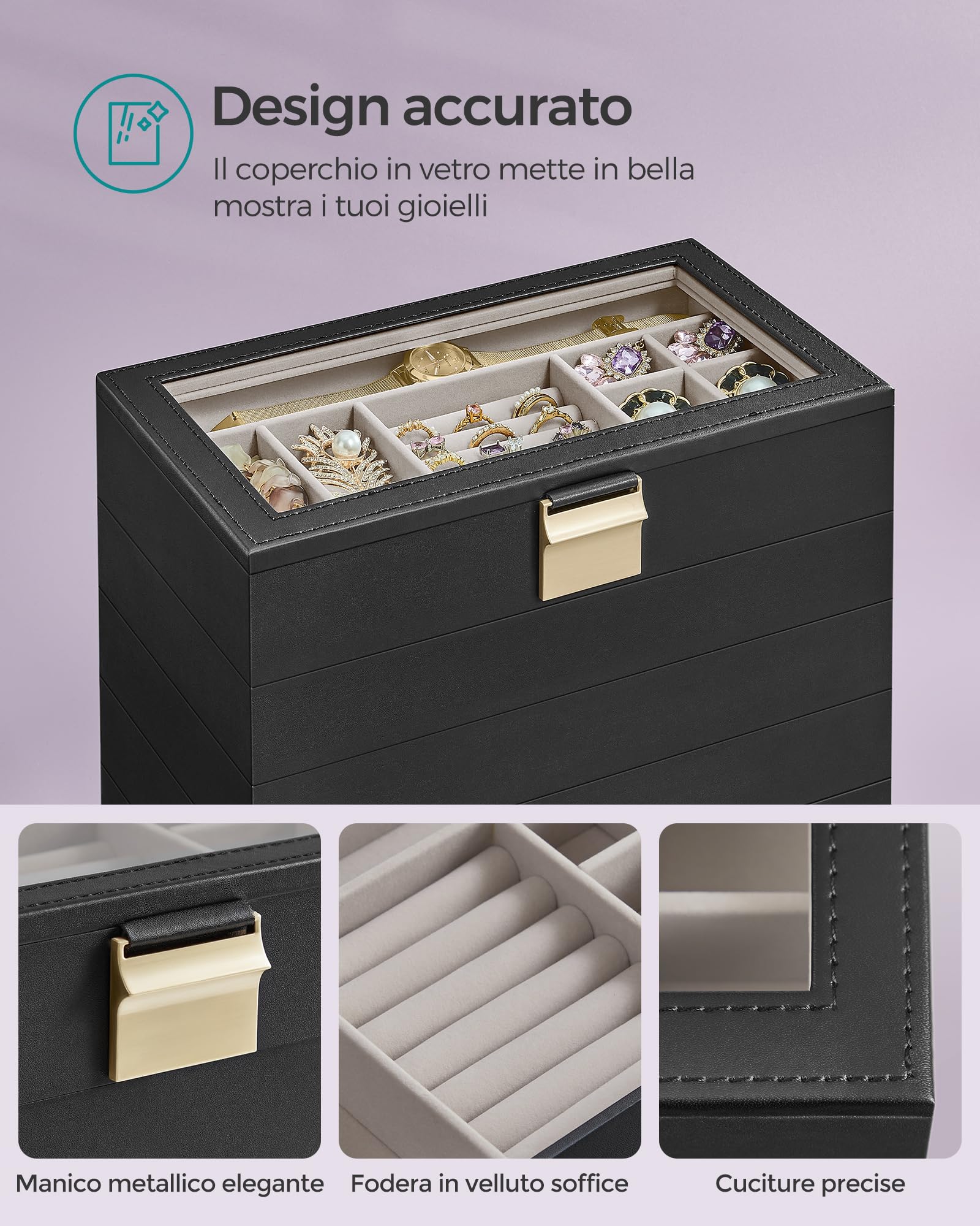 SONGMICS Scatola Portagioie con 6 Vassoi Impilabili, Porta Gioielli Capiente, Coperchio in Vetro Chiaro, 17 x 28 x 25,3 cm, per Cassetto Toeletta, Idea Regalo, Nero Inchiostro JBC195B01