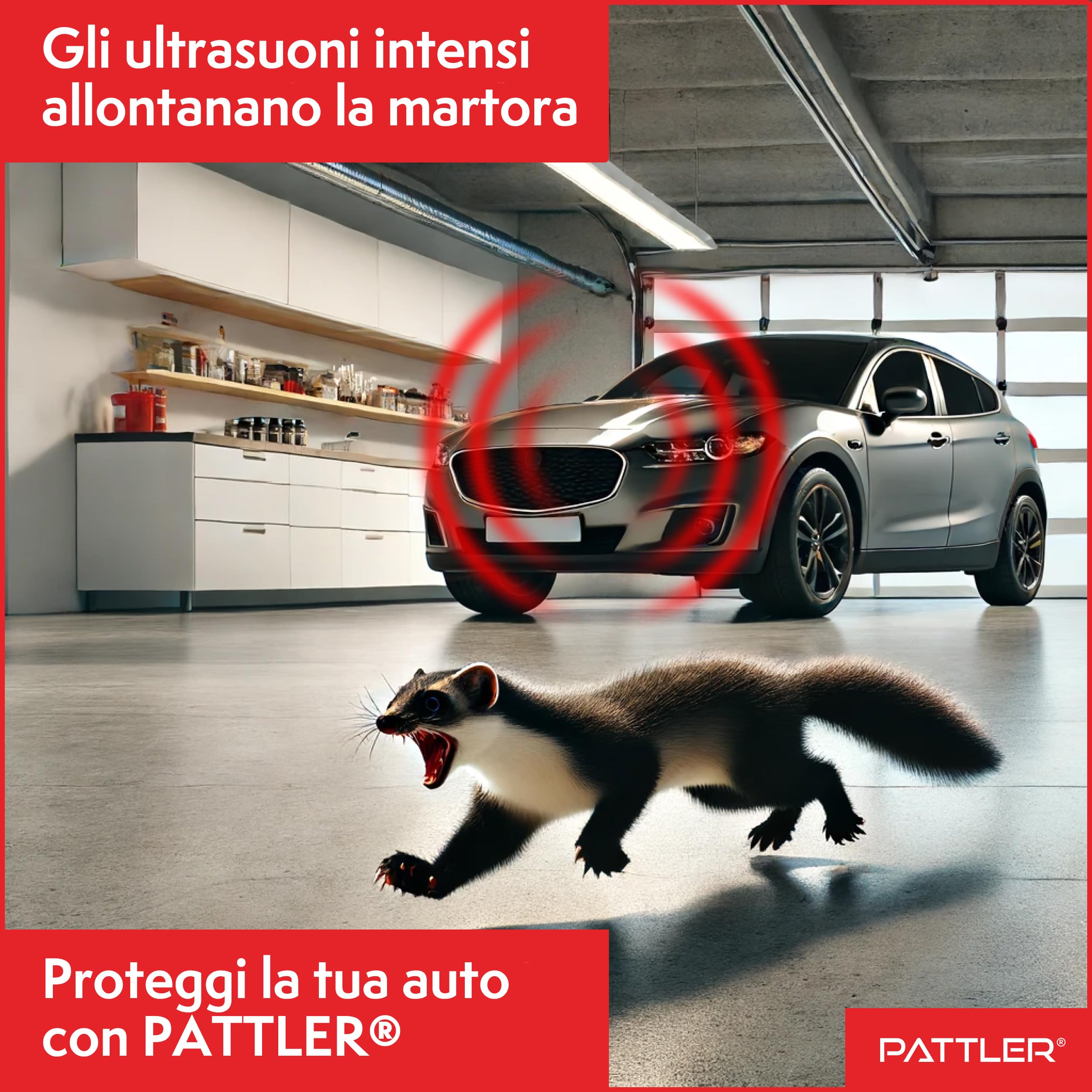 PATTLER Anti Martora per Auto con Ultrasuoni - Protezione Immediata e a Lungo Termine Contro Le Martore nel Vano Motore - Funziona con Batteria Auto a 12V - 1 Pezzo