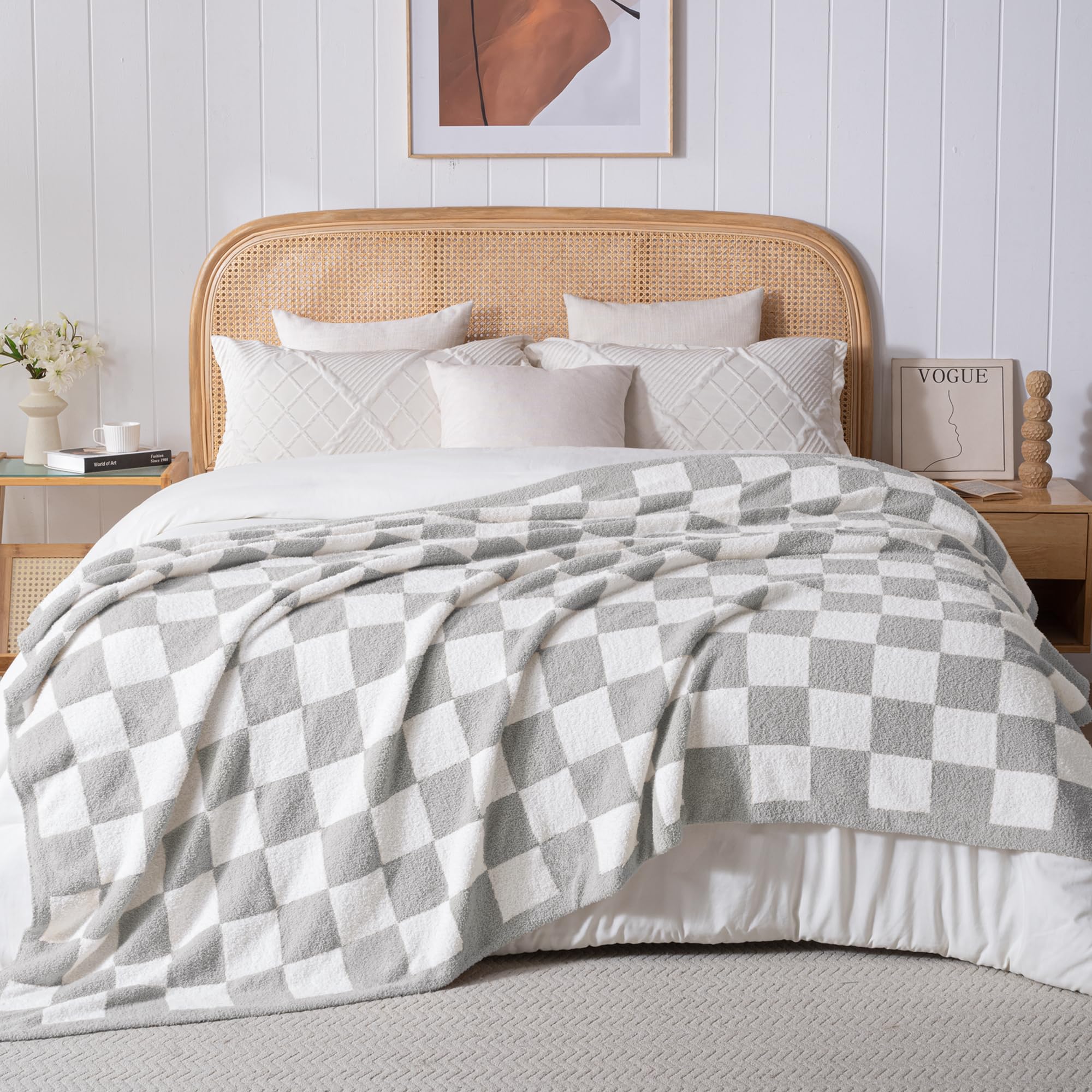 Exclusivo Mezcla Checkered Knit Blankets Queen Size, Ultra Soft and Warm Reversible Woven Blankets, Cozy Snuggly Throw for Couch Bed and Home Decor, Light Grey, 230x230 CM โ image 1