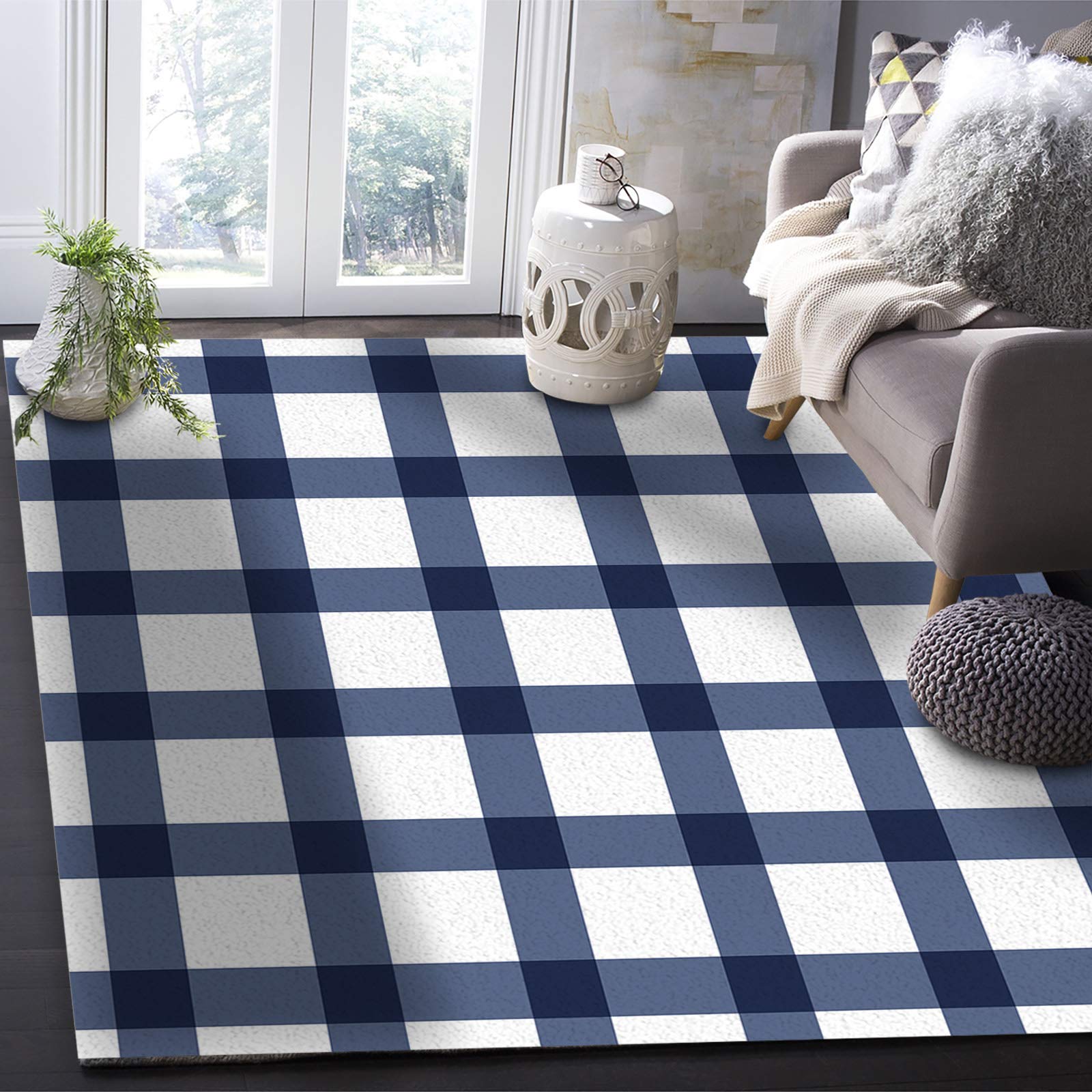Amazon.com: Area Rug Indoor Carpet Blue Gingham Check Farm Style