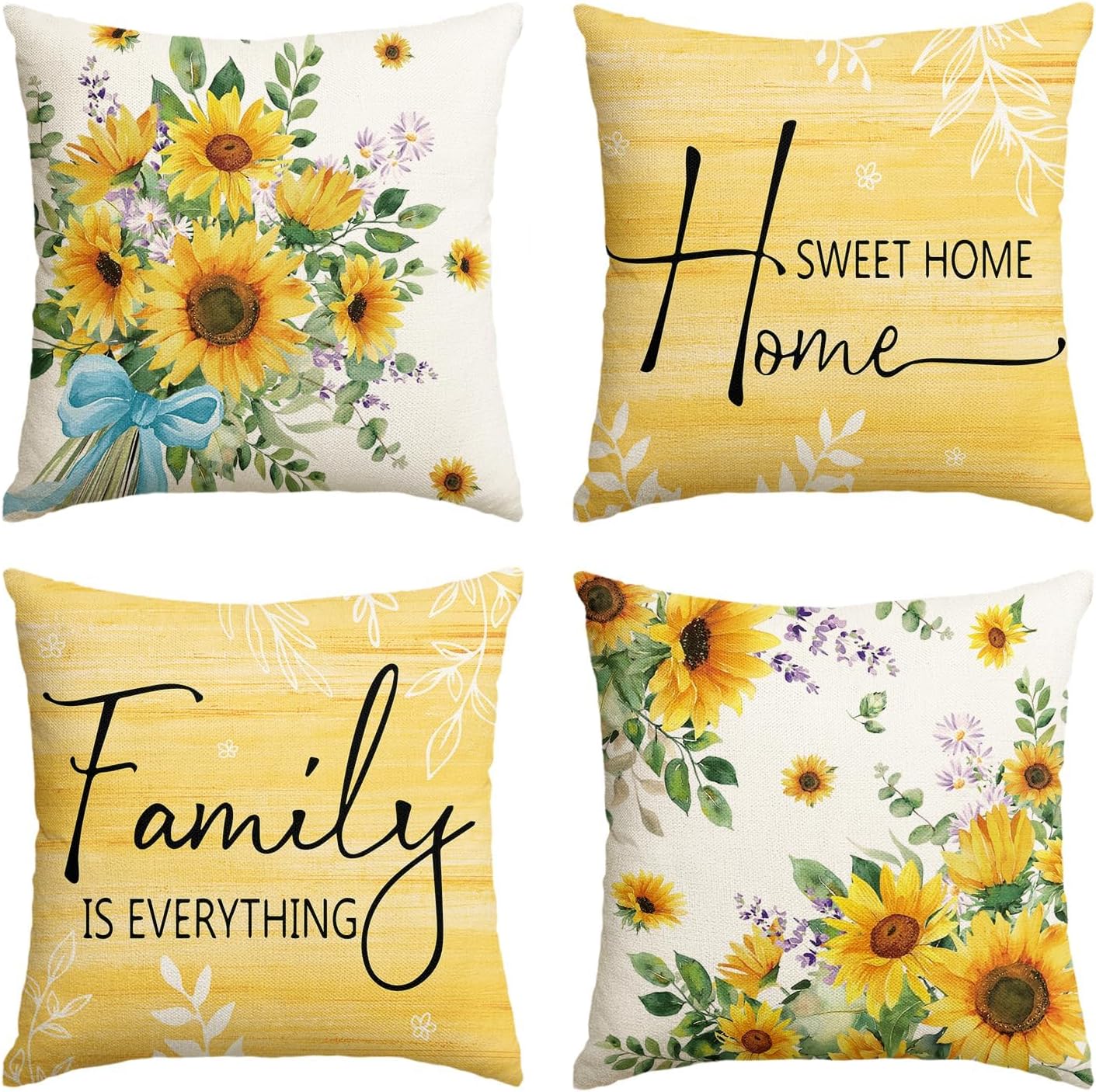 AVOIN colorlife Summer Home Sweet Home Sunflower Throw Pillow Covers, 16 x 16 Inch Family is Everything Eucalyptus Leaves Cushion Case Decoration for Sofa Couch Holiday Seasonal Home Decor Set of 4