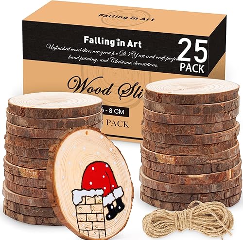 Falling in Art Juego de rodajas de madera natural de 6 a 3.1 in para manualidades, 25 discos redondos de madera con agujero preperforado para