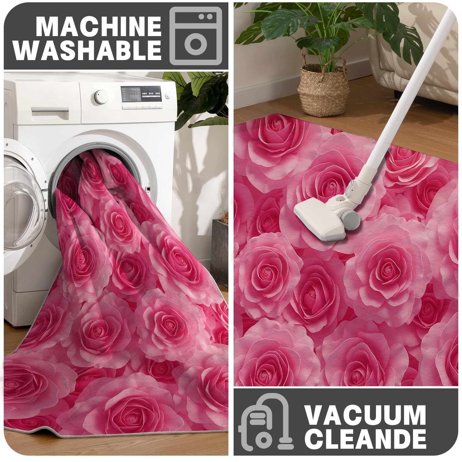 Tapis Entree Interieur Romantique Floral 60x90cm Lavable en Machine, paillasson AntidéRapant Poil Ras, Aquarelle Rose pour Chambre Salle a Manger Cuisine, Rose Vif