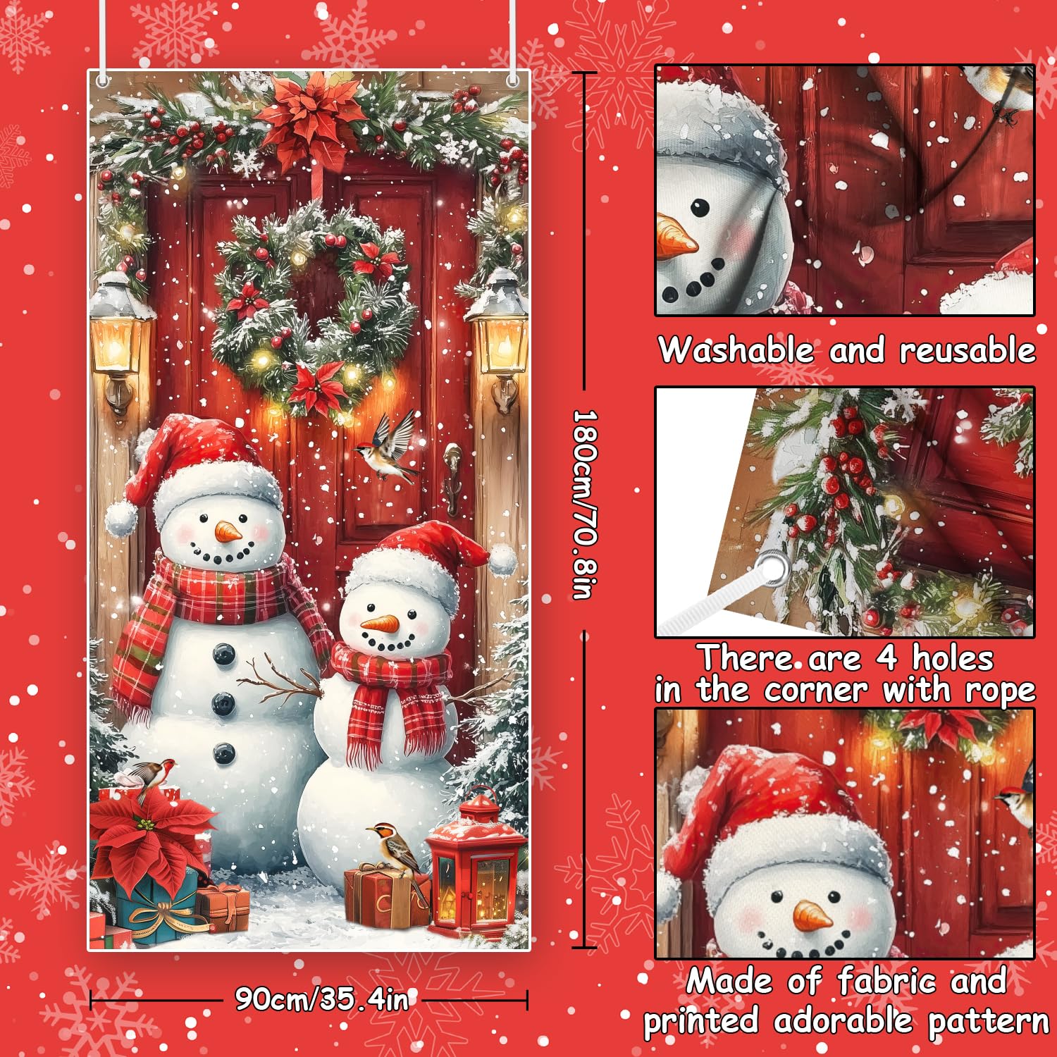 MEHOFOND 2.95x6ft Christmas Snowman Door Decorations Banner Snowman Christmas Decorations Winter Front Door Banner Porch christmas Decoration Outside Xmas Family Party Photo Background Props - Image 2