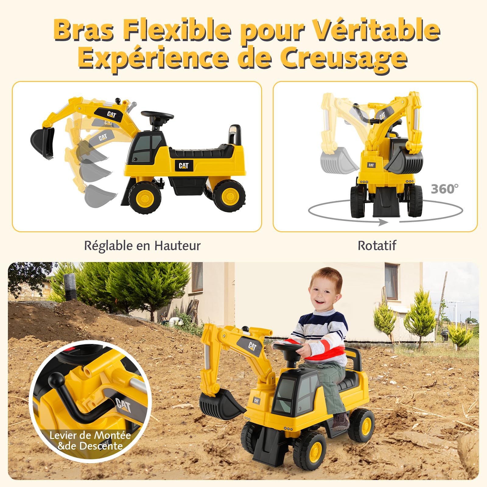 DREAMADE Pelleteuse Enfants 1-3 Ans,Jouet Excavateur Enfant avec Espace de Rangement,Tractopelle Enfant avec Bras à Angle Réglable (Pelleteuse)