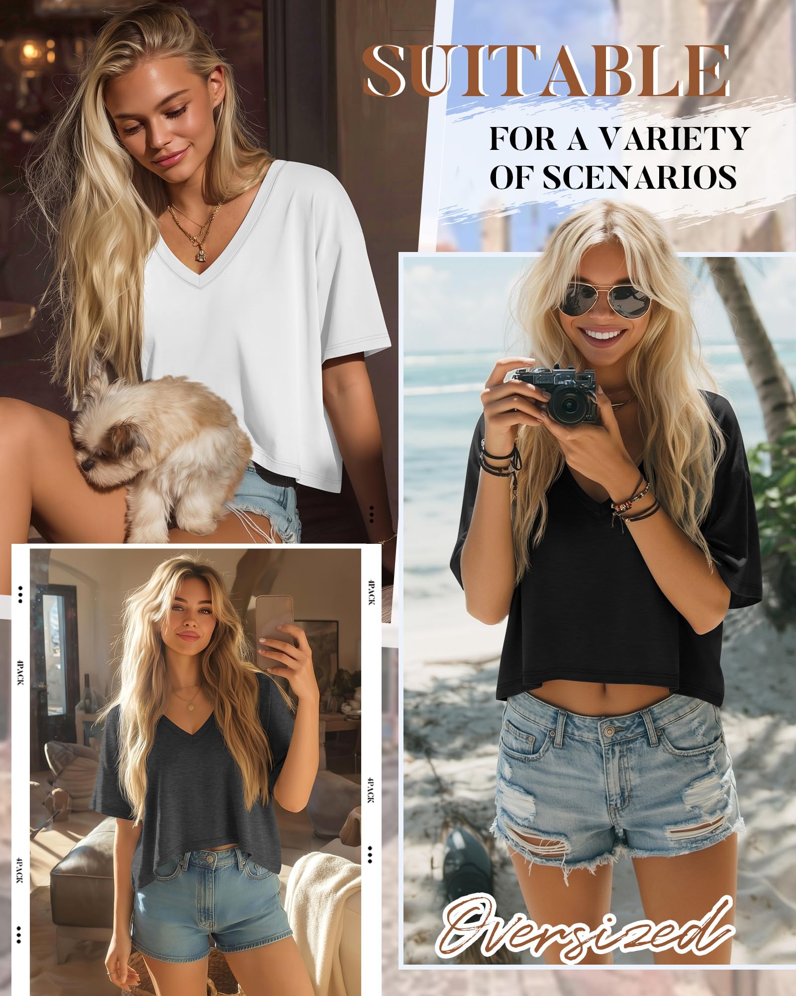 Neer Lot de 4 t-shirts courts surdimensionnés pour femme, col en V, manches courtes, ourlet irrégulier, haut baggy