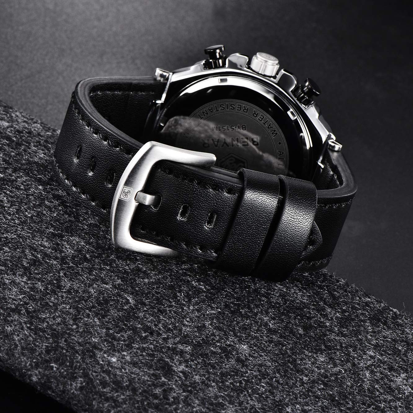 Benyar reloj de pulsera para hombre, cuarzo, cronógrafo, fecha, 3 ATM, resistente al agua, diseño deportivo, correa de cuero, Negro 5