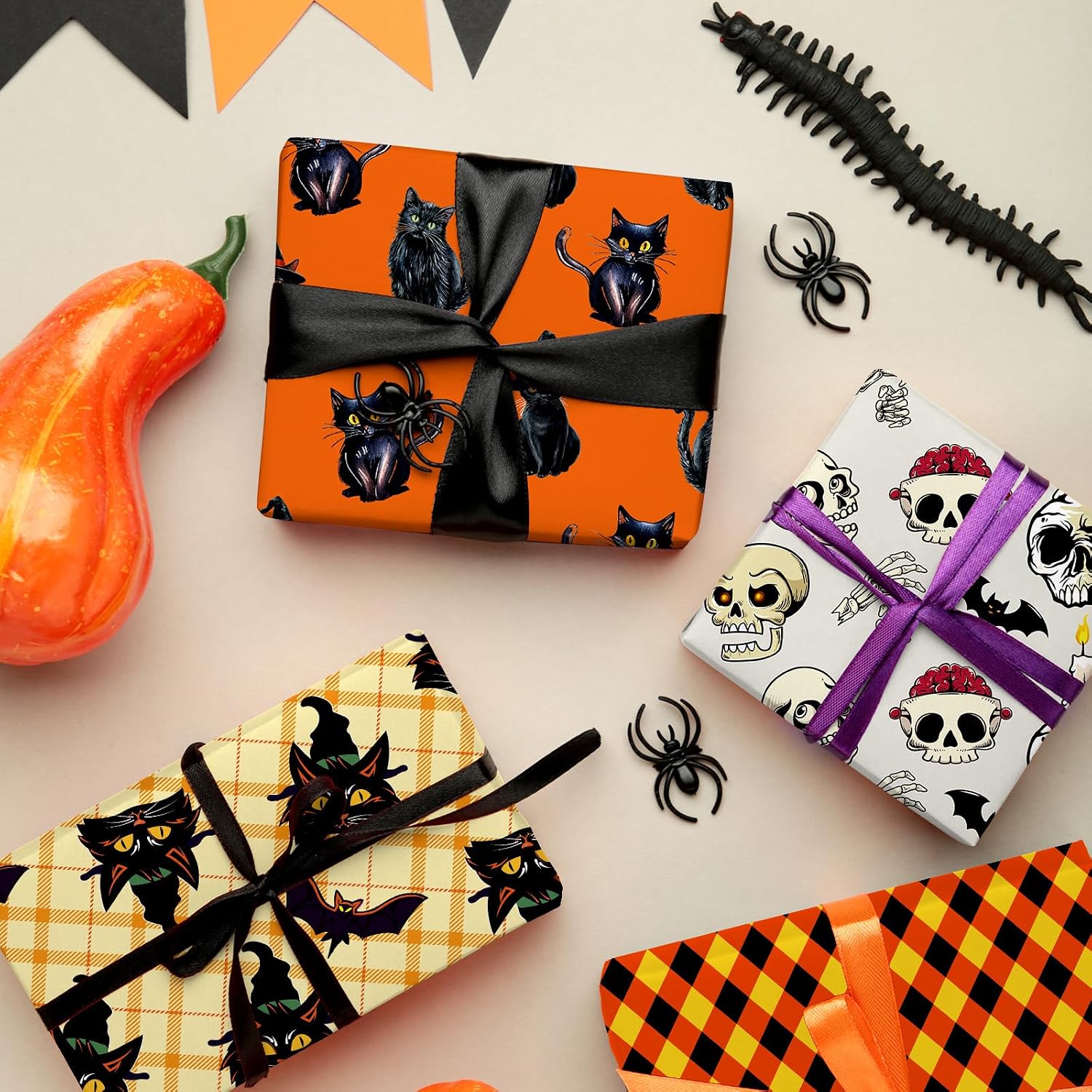 JarThenaAMCS 12Pcs Halloween Cotton Fabric Bundles Pumpkin Black Cat Skull Ghost Fat Quarters Orange Green Quilting Patchwork for DIY Sewing Craft Decor, 18 x 22 Inch