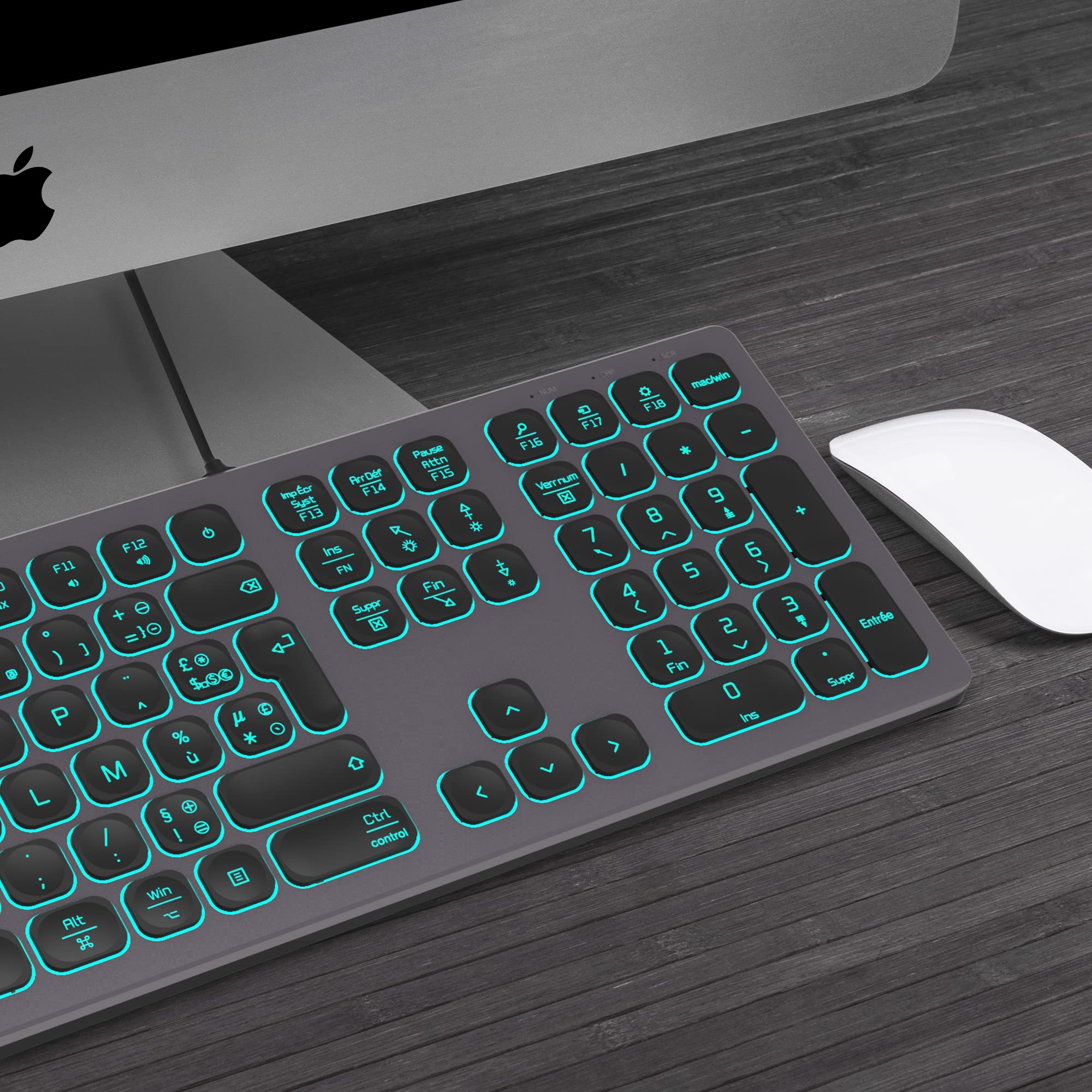 Clavier rétroéclairé Filaire Slim – avec boîtier en Aluminium, Pavé numérique et éclairage RGB - Connextion USB pour Apple iMac, Macbook, Mac and PC - Layout AZERTY - Gris