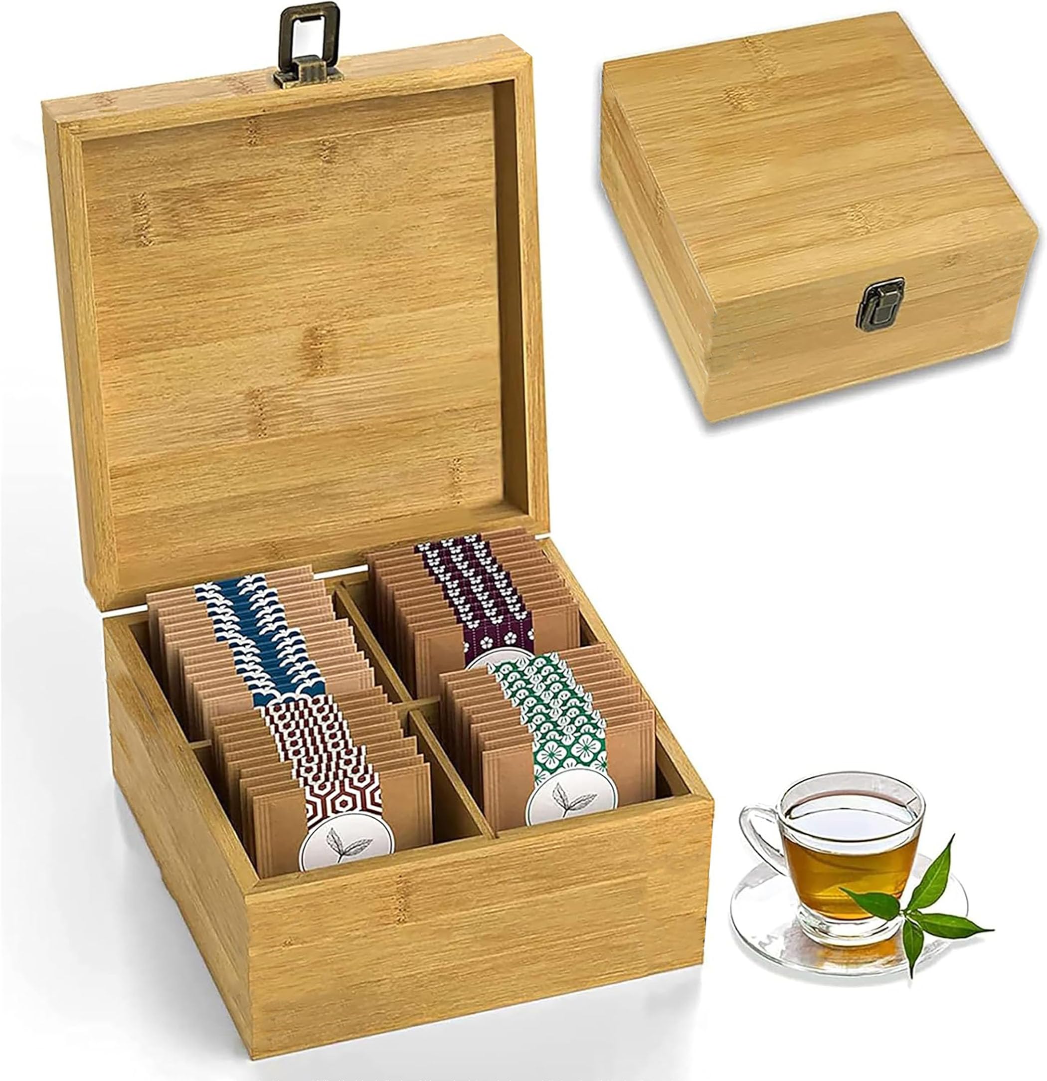 Caja organizadora de té de bambú sin químicos, grande, alto, ajustable, caja de almacenamiento de madera natural (4 ranuras cuadradas de 7.4 x 8.1 x 4.2 pulgadas en blanco)