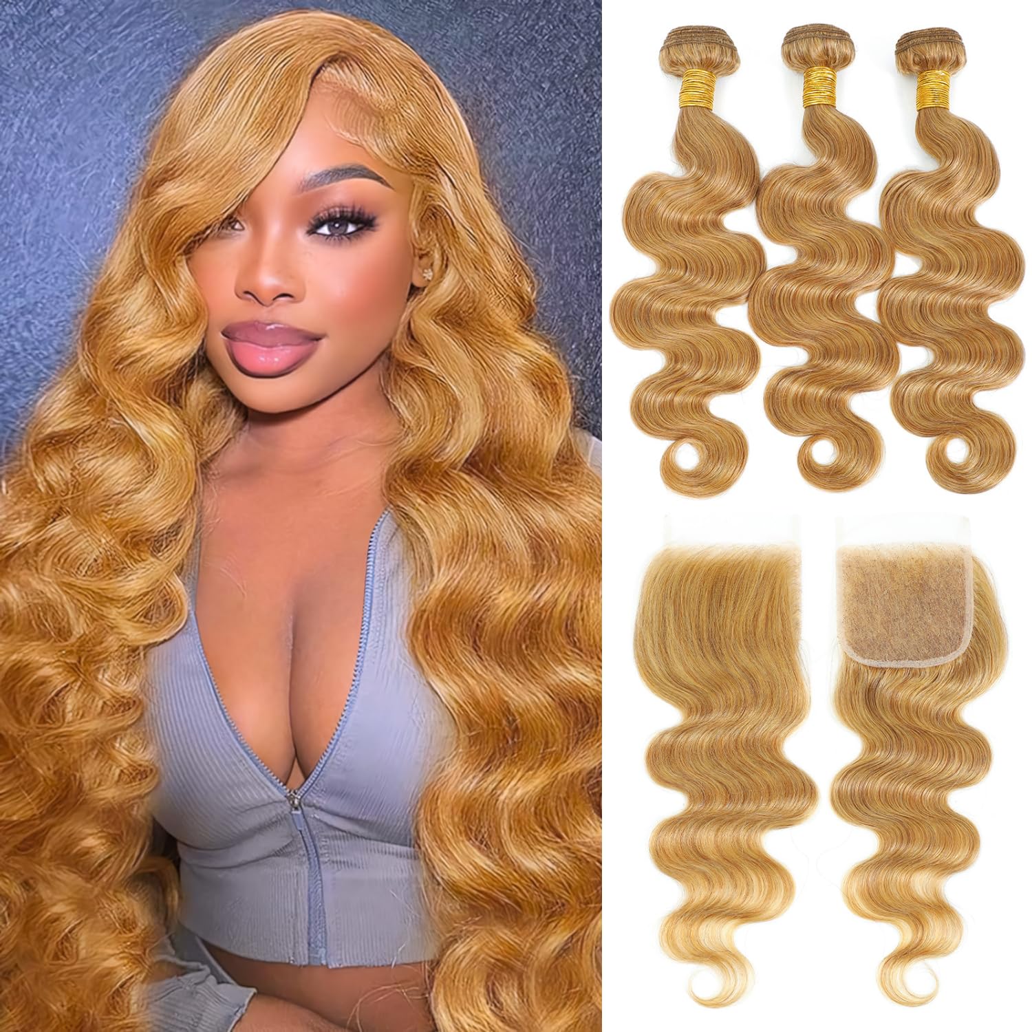 #27 Honey Blonde Bundles with Closure Human Hair Body Wave 12 14 16+10 Inch, Soft Cozy Ash Blonde Sew In Weave Bundles with 4x4 HD Lace Closure, 12A