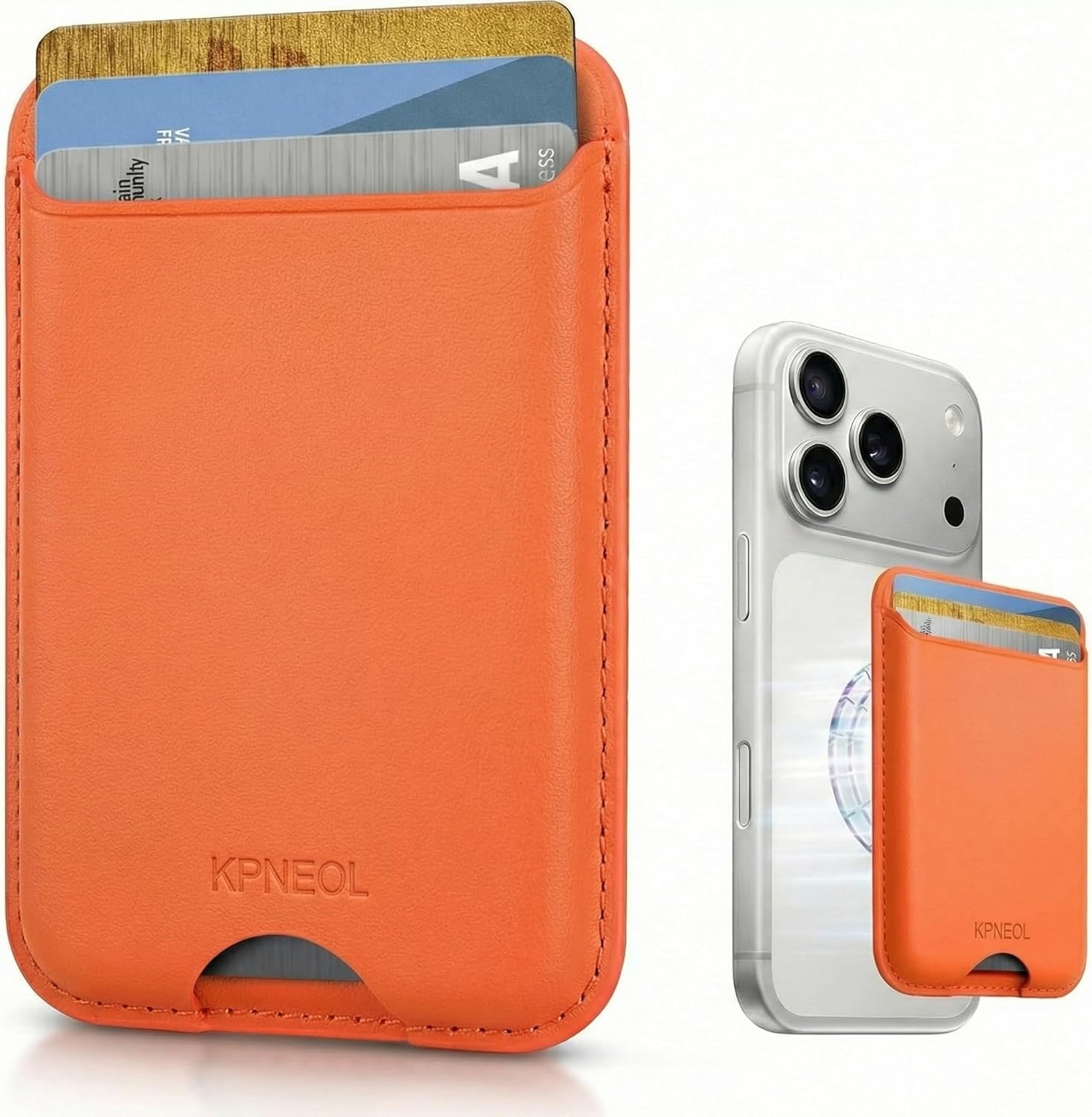 Magnetic Mag-safe Wallet Cell Phone Card Holder for Phone Case with Mag-Safe, Stronger Magnetic RFID Leather Stick on Phone Wallet Compatible with iPhone 17/16/15/14/13/12 Series, Orange Color