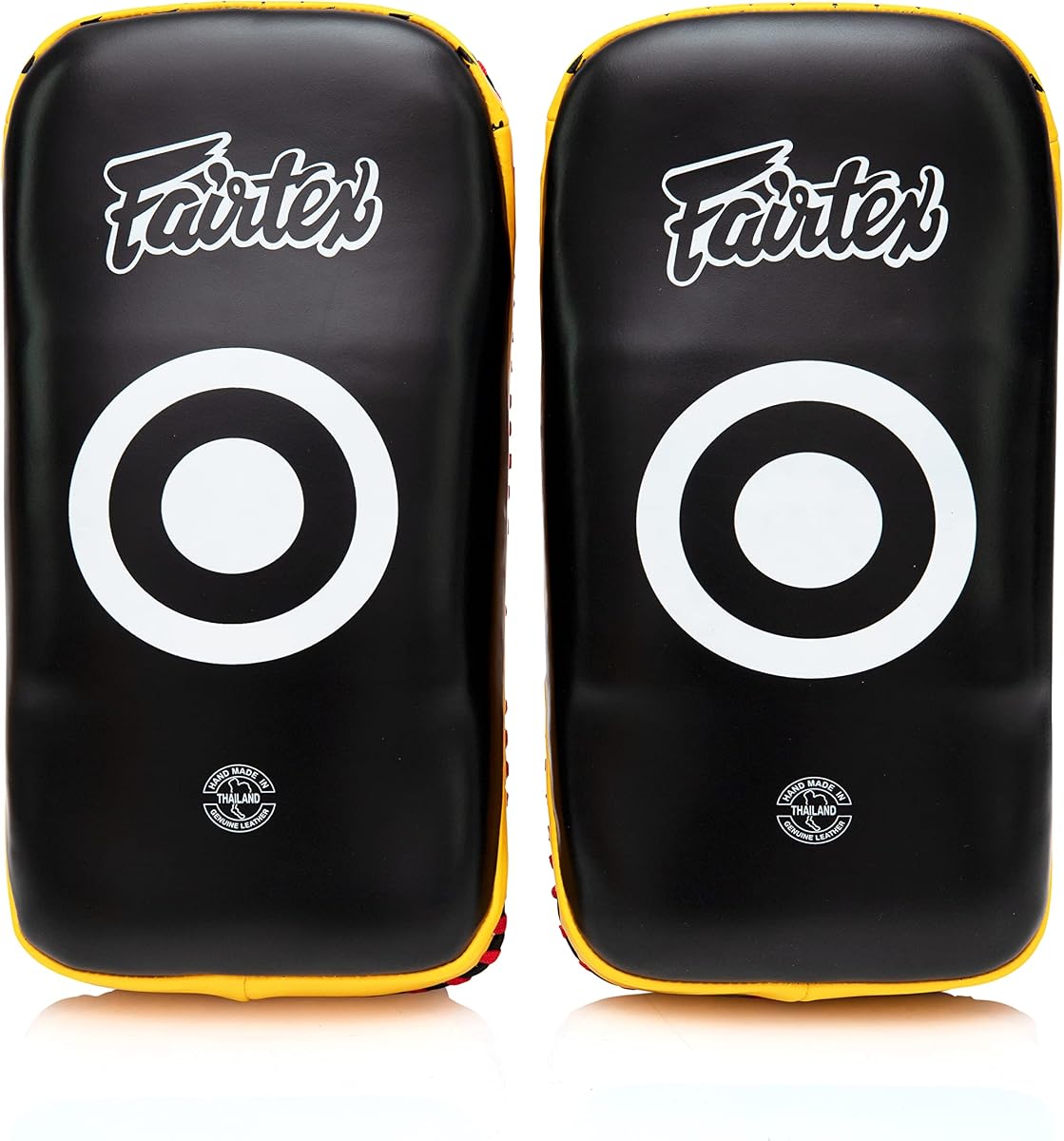 Fairtex Curved Muay Thai Pads, Kickboxing Punching Kicking Striking Shield | Handcrafted cowhide leather with thick foam. Dual forearm support straps assist trainer holding during self-defense drills.