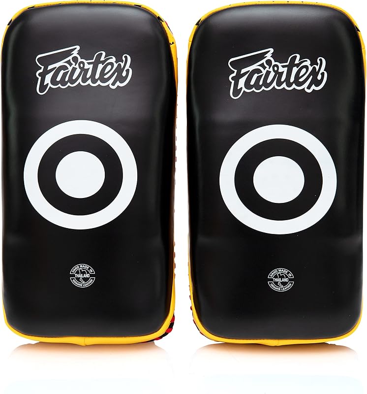 Fairtex Curved Muay Thai Pads, Kickboxing Punching Kicking Striking Shield | Handcrafted cowhide leather with thick foam. Dual forearm support straps assist trainer holding during self-defense drills.