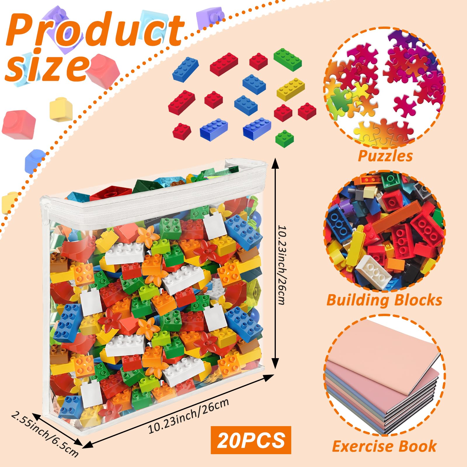 20 Pack Clear Toy Storage Bags PVC Organizing Bag with Zippered, Toys Storage Organizer with Portable Handheld?Waterproof Toy Bags for Board Games Clay, Building Blocks, Toys,White