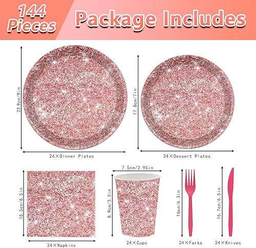 Miniatura 4 de Juego de vajilla de 144 piezas de platos y servilletas de oro rosa, suministros de fiesta de cumpleaños de oro rosa, platos de papel con purpurina