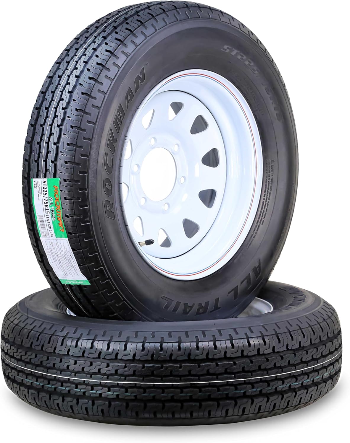 ROCKMAN Trailer Tire Wheel Assembly ST225/75R15 10-Ply E 117M 6 Lug on 5.5" PCD White Spoke Rim,SET 2