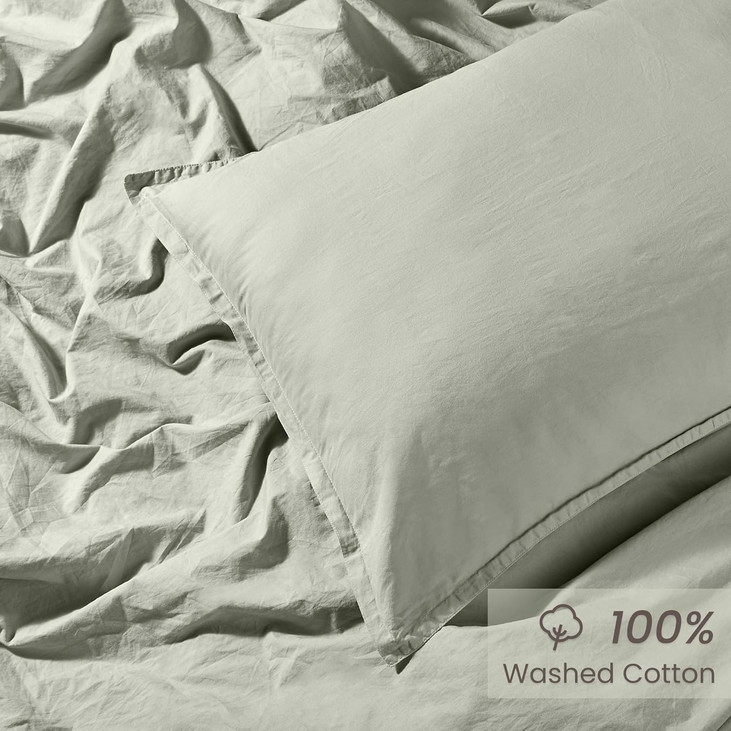 BIOWEAVES 100% Organic Washed Cotton Percale Weave Duvet Cover Queen Set | GOTS Certified Full/Queen Duvet Cover & 2 Pillow Shams – 88x92 inches, Sage