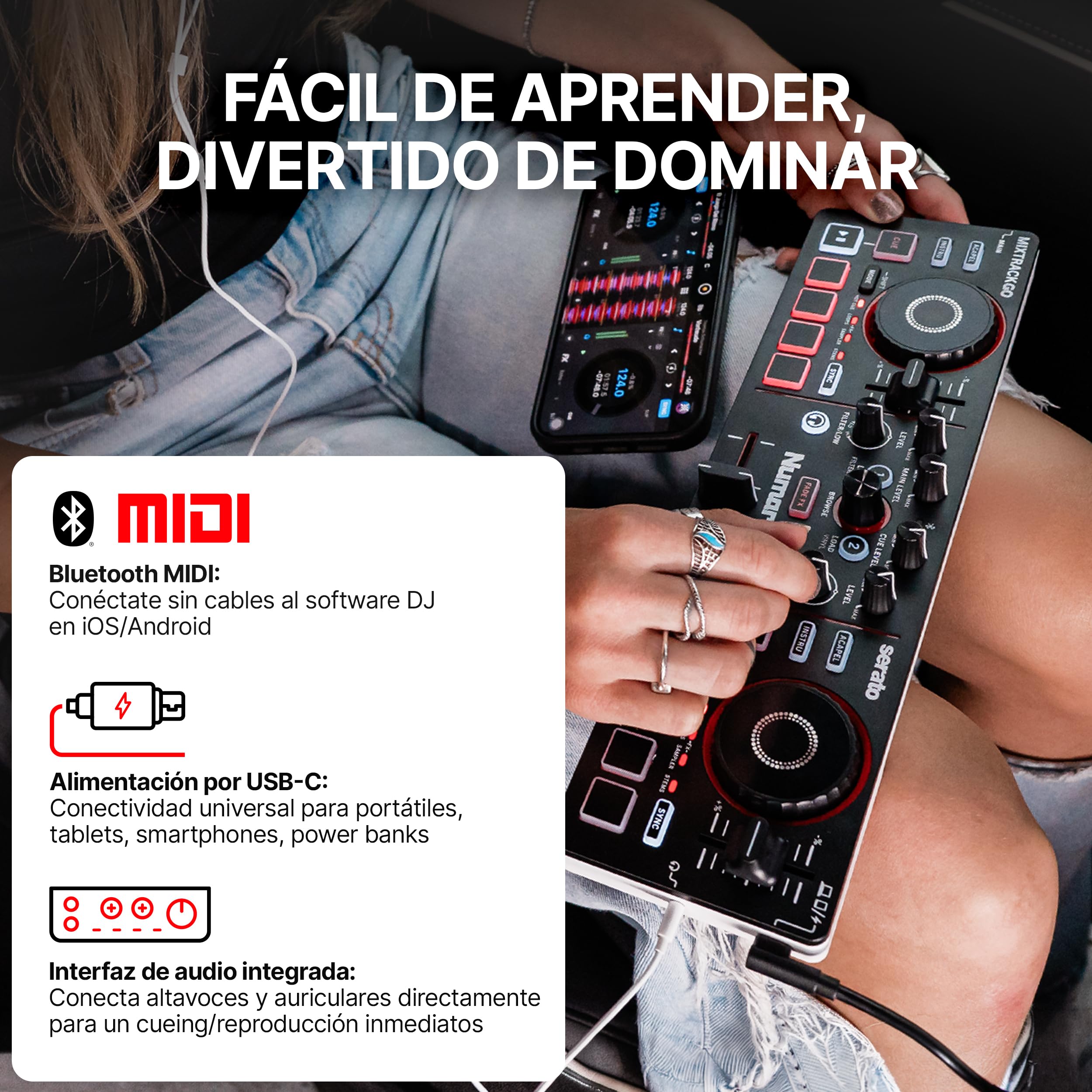 Numark Mixtrack Go Controlador DJ Bluetooth Compacto con Stems Control | Mixer DJ de 2 decks, principiantes y DJs móviles, Smart Fader, USB-C, Serato DJ Lite & Algoriddim djay, Gen 4