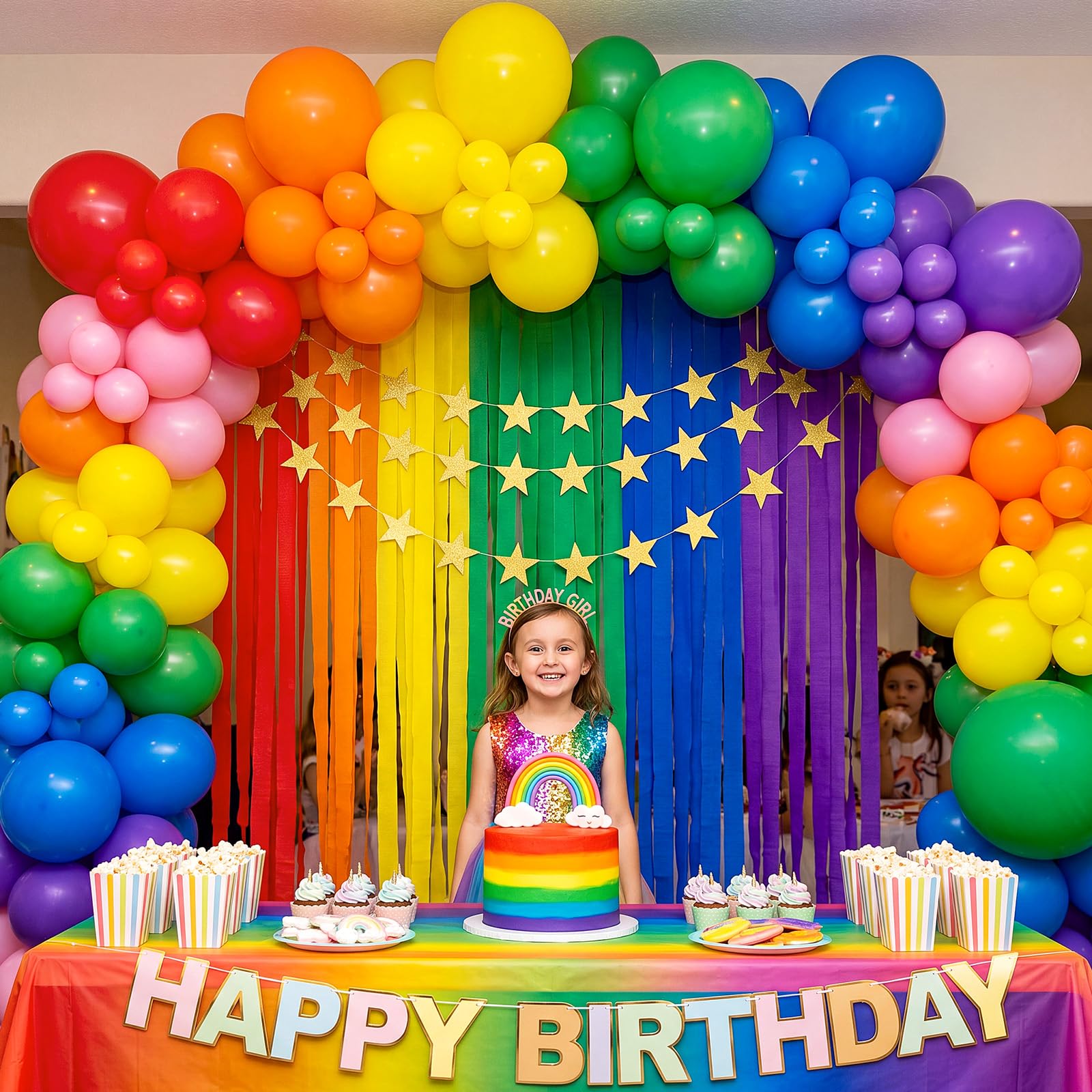 Kit di 145 palloncini arcobaleno per decorazioni fai da te, con palloncini in carta crespa e ghirlanda di stelle per compleanno, ritorno a scuola, carnevale, feste estive (arcobaleno)