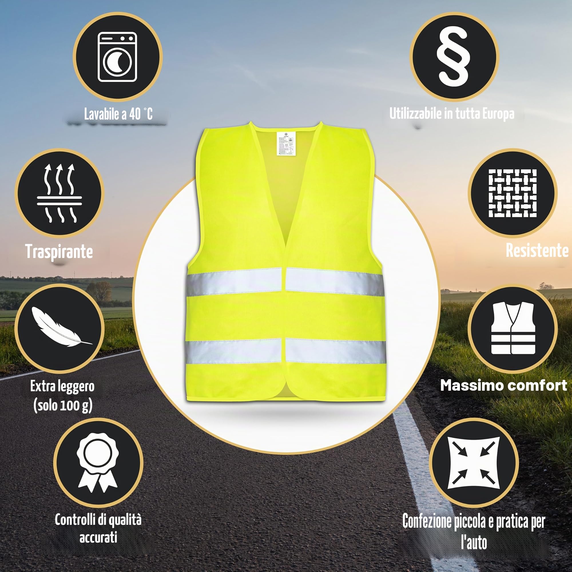 HELDENWERK Giubbotti di sicurezza per auto, set da 4 pezzi, validi in tutta Europa, secondo la norma attuale 2026 EN ISO 20471, gilet di sicurezza riflettente, per adulti