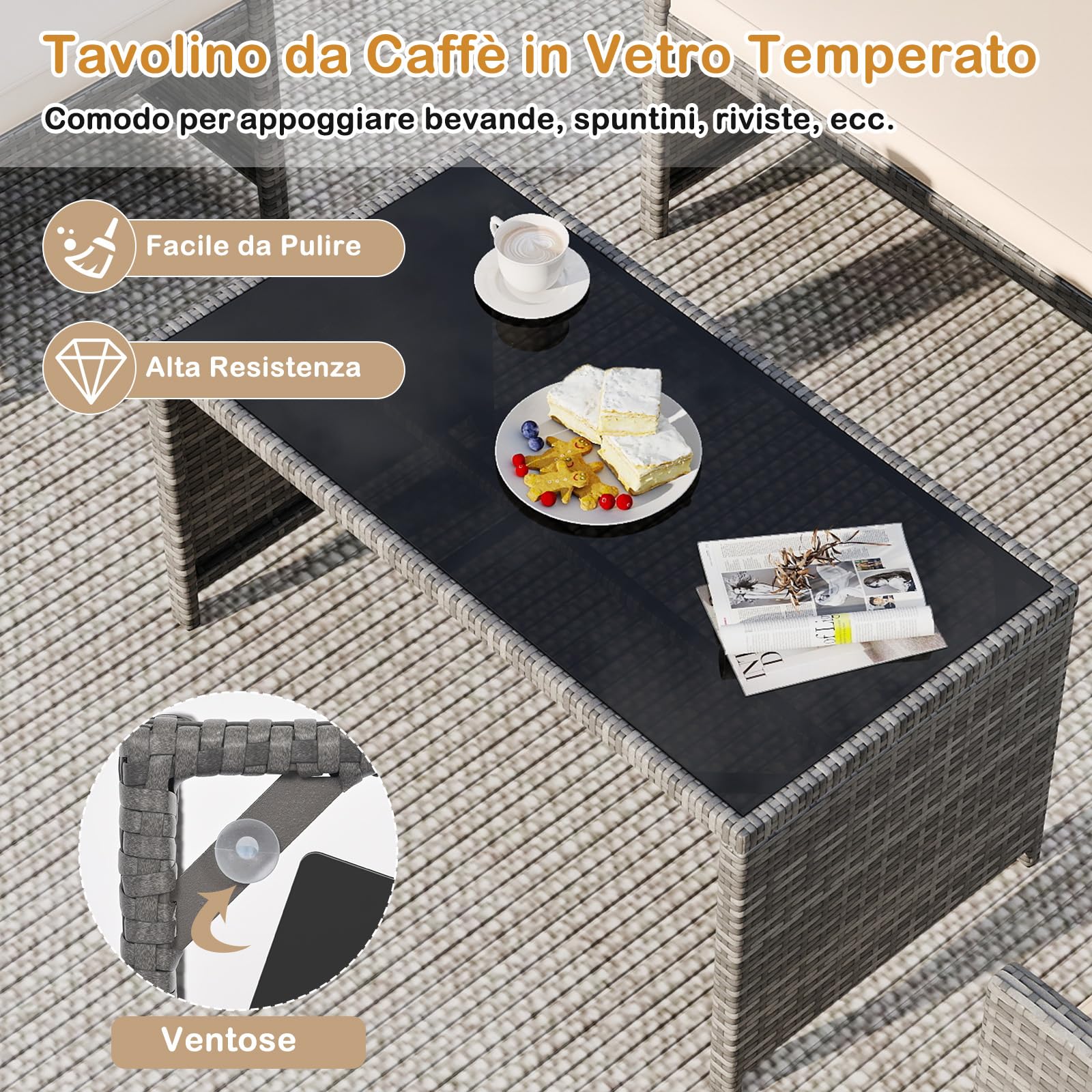 SOARS Set Mobili da Giardino in Rattan PE, Divano 2 Posti, 2 Poltrone, Tavolino Vetro, 4 Posti, Grigio+Bianco
