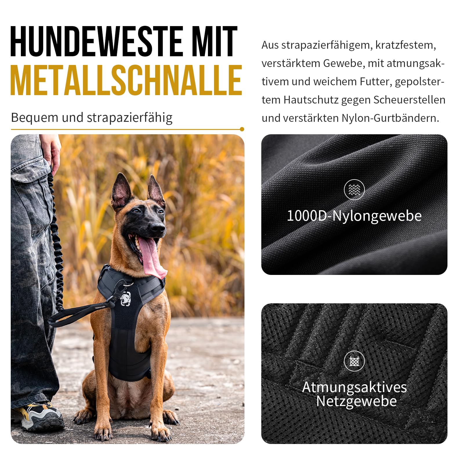 OneTigris Hundegeschirr, Titan-Flow Metallschnalle Geschirr, Schwarz L