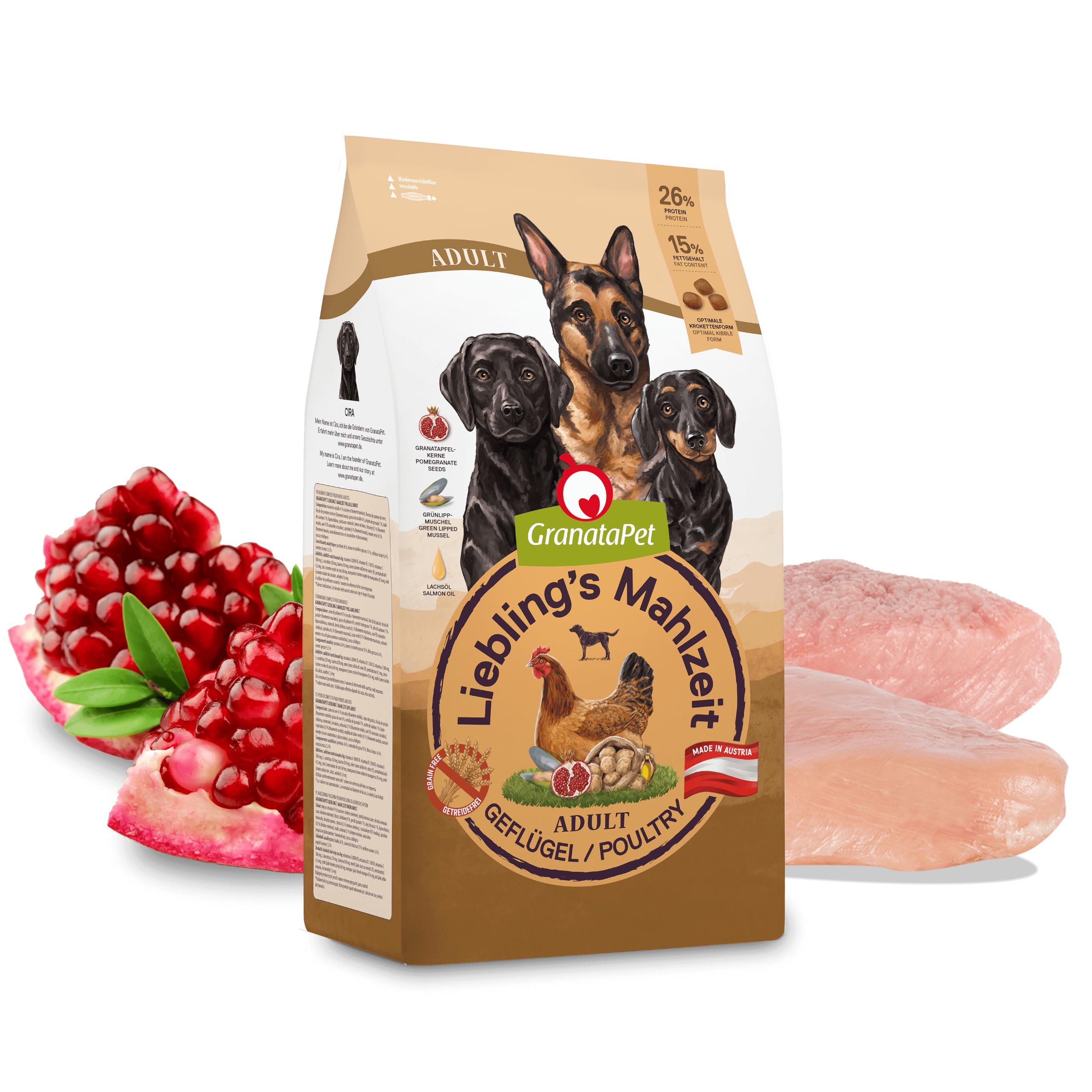 GranataPet Liebling's Mahlzeit Drób Adult, 4 x 1,8kg | Karma pełnoporcjowa, Bez zbóż, Bez dodatku cukru, Olej z łososia i małża nowozelandzka, Made in Austria