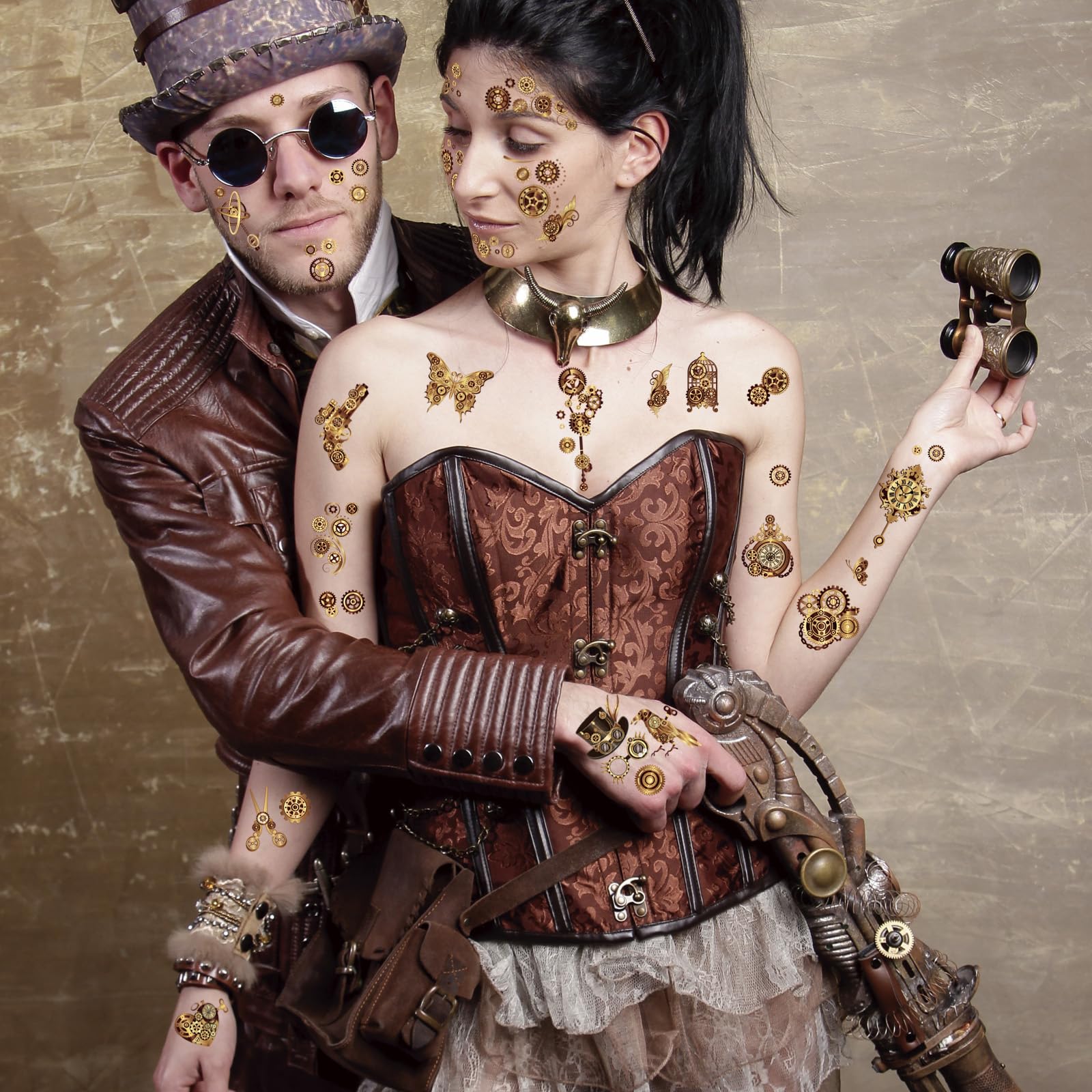 HOWAF Steampunk akcesoria tymczasowe tatuaże na twarz, karnawał, naklejki na koła zębate, kostium na Halloween karnawał