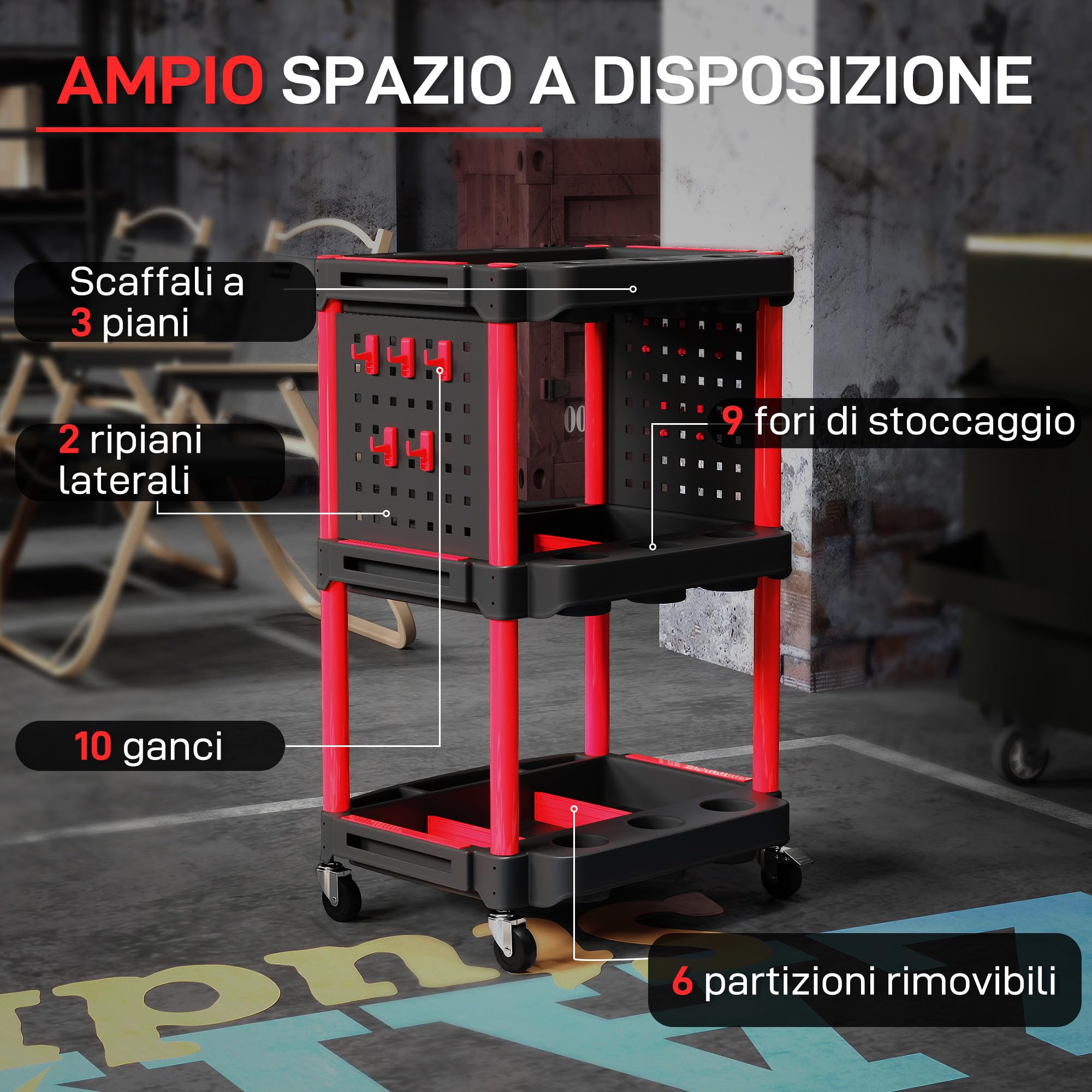 HOMCOM Carrello Porta Attrezzi a 3 Livelli, Carrellino da Officina in Plastica con Pannello Forato Laterale Portautensili, Capacità 91 kg, Nero e Rosso
