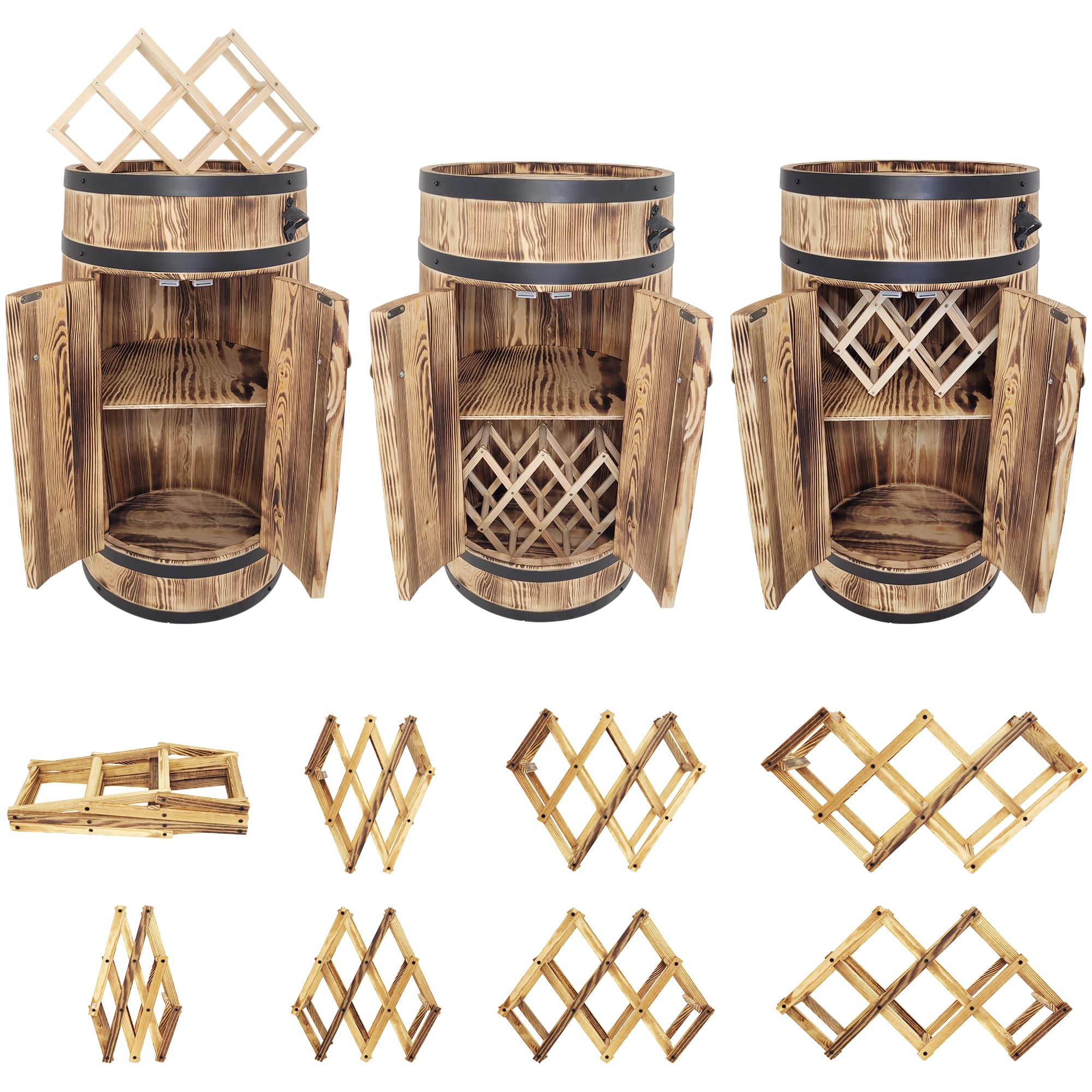 weeco Fassbar für Alkohol mit Doppeltüren – rustikaler Holz-Barschrank mit Regal und Flaschenhalter, geflammter Barschrank 80 cm, braun