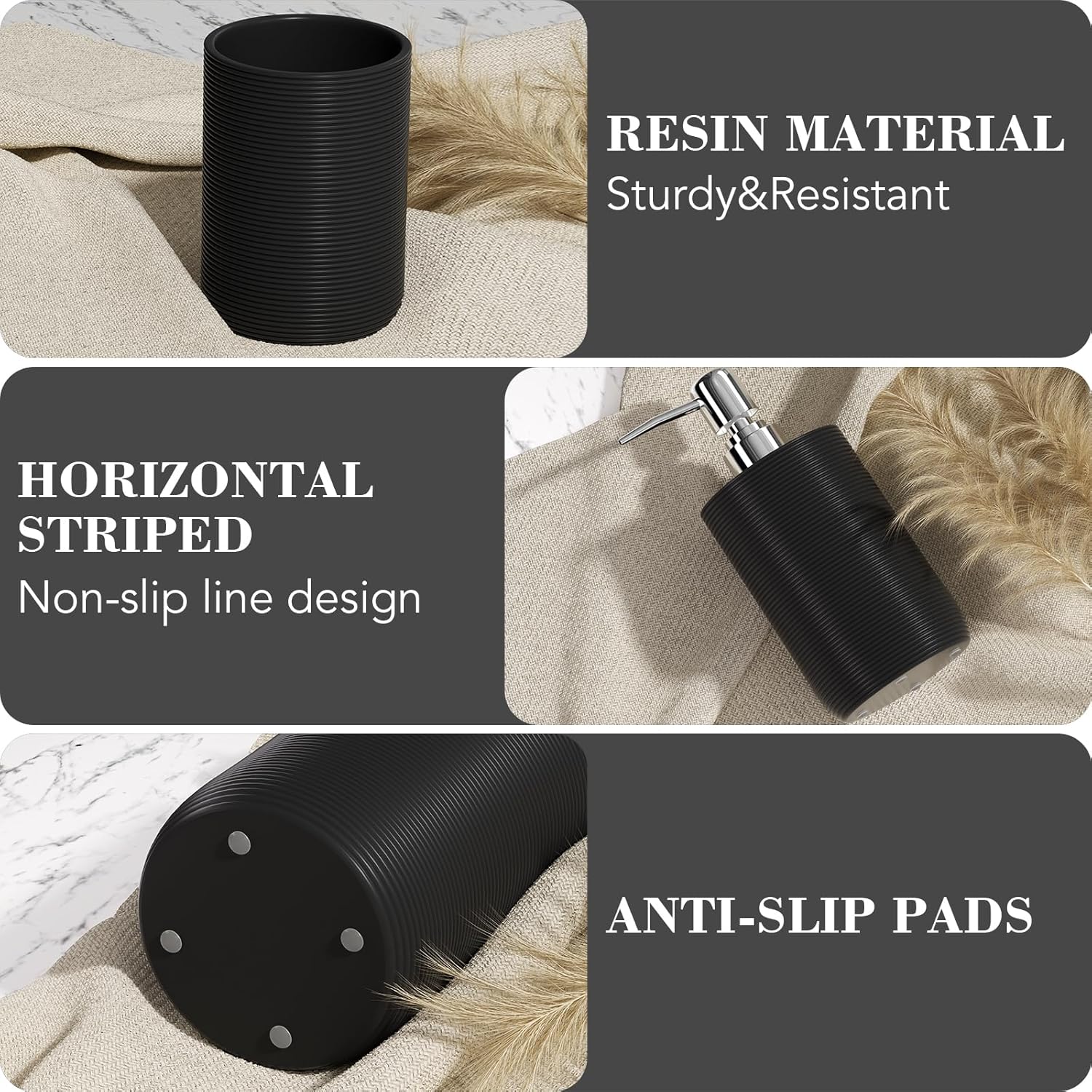 6-Piece Bathroom Accessory Set Resin, Navy Blue Bath Accessories Complete with Toothbrush Holder, Lotion Soap Dispenser, 2 Qtip Holders,Vanity Tray,Bathroom Tumbler - Countertop Vanity Organizer