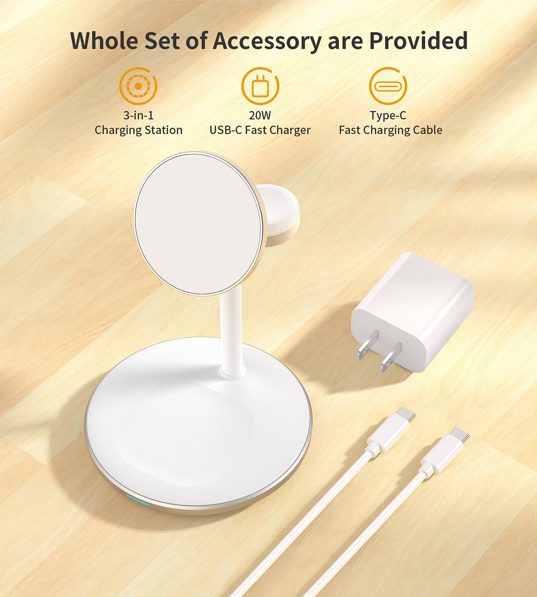 XooFly Stazione di ricarica magnetica wireless 3 in 1 per dispositivi Apple, 15 W | Supporto per ricarica rapida per iPhone 17 16 15 14 13 12 Series Apple Watch Ultra Airpod Pro, oro
