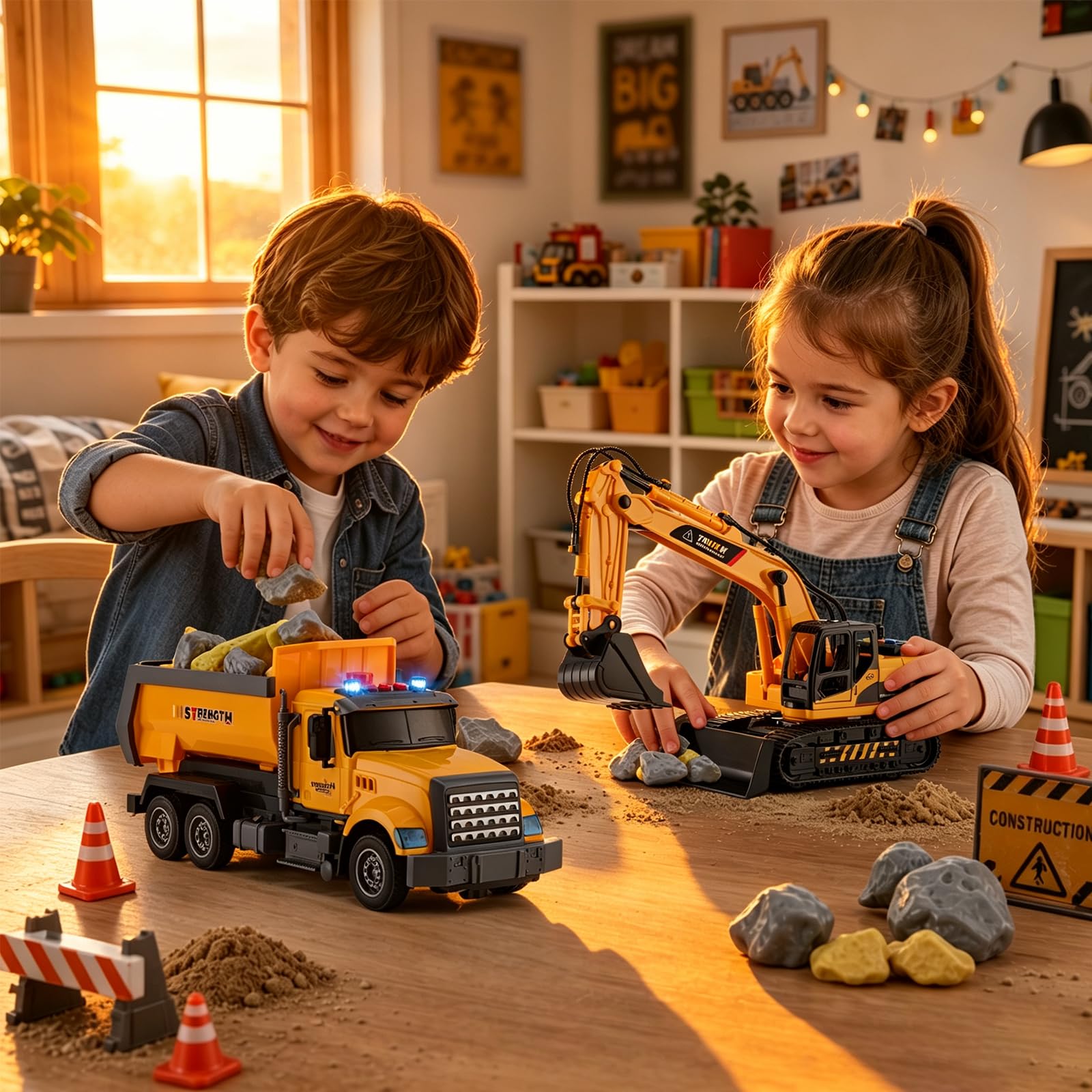 LerBao Confezione da 2 giocattoli per camion di ingegneria edilizia, escavatore mobile e sollevamento posteriore con cassone ribaltabile, giocattolo per 3 4 5 6 7 8 anni ragazzi bambini bambini