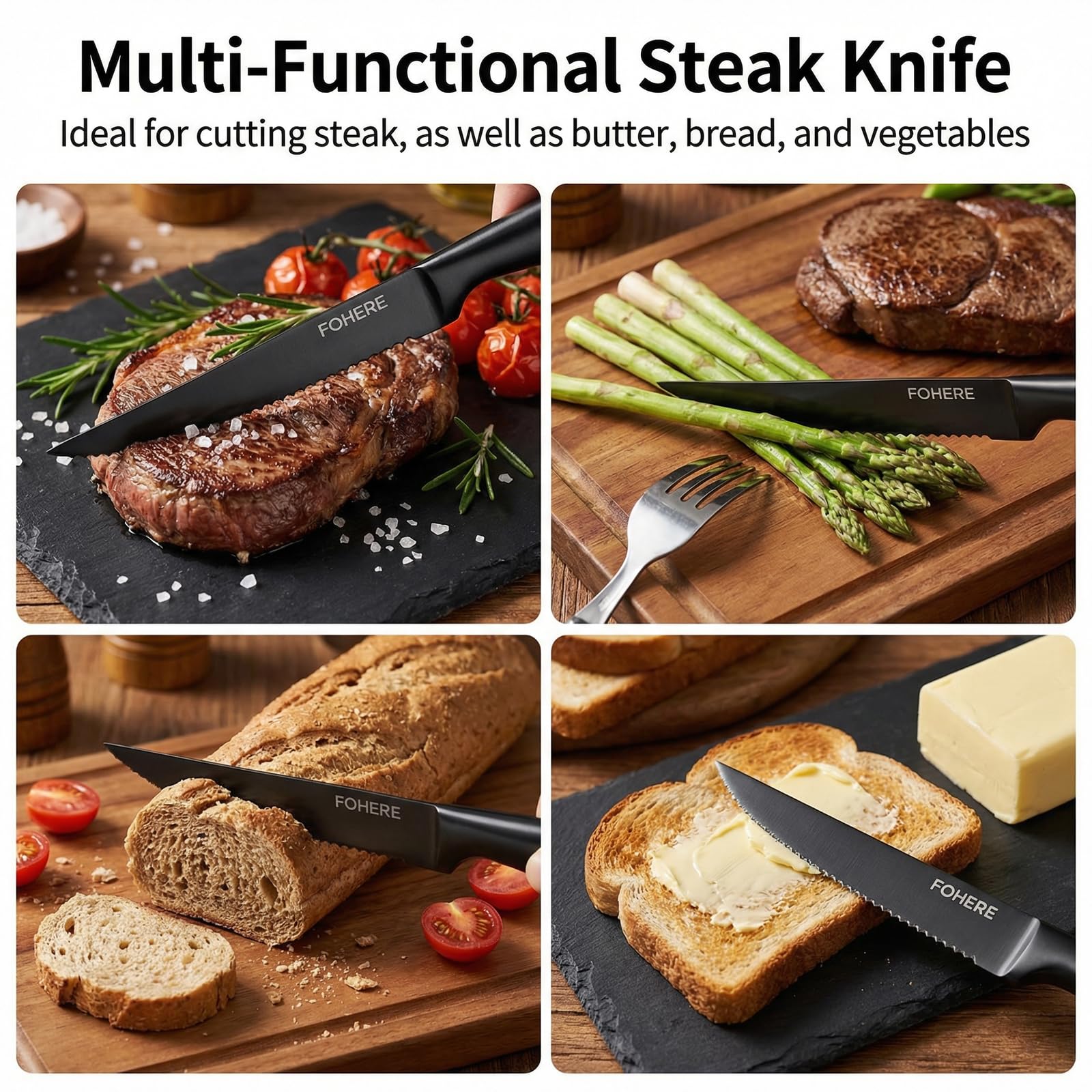 FOHERE Juego de 8 cuchillos de carne, cuchillos de carne negros dentados, cuchillos de cocina de acero inoxidable, ideal para comida de Navidad, Nochevieja y lavable en lavavajillas