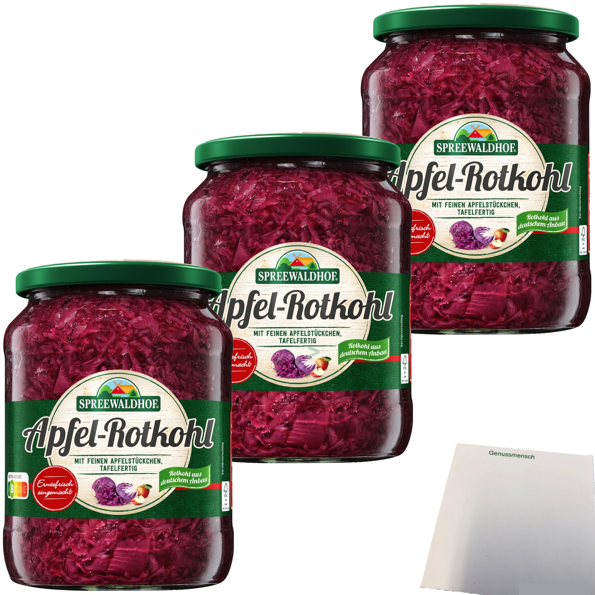 Spreewaldhof Apfelrotkohl mit feinen Apfelstückchen Tafelfertig 3er Pack (3x680g Glas) + usy Block