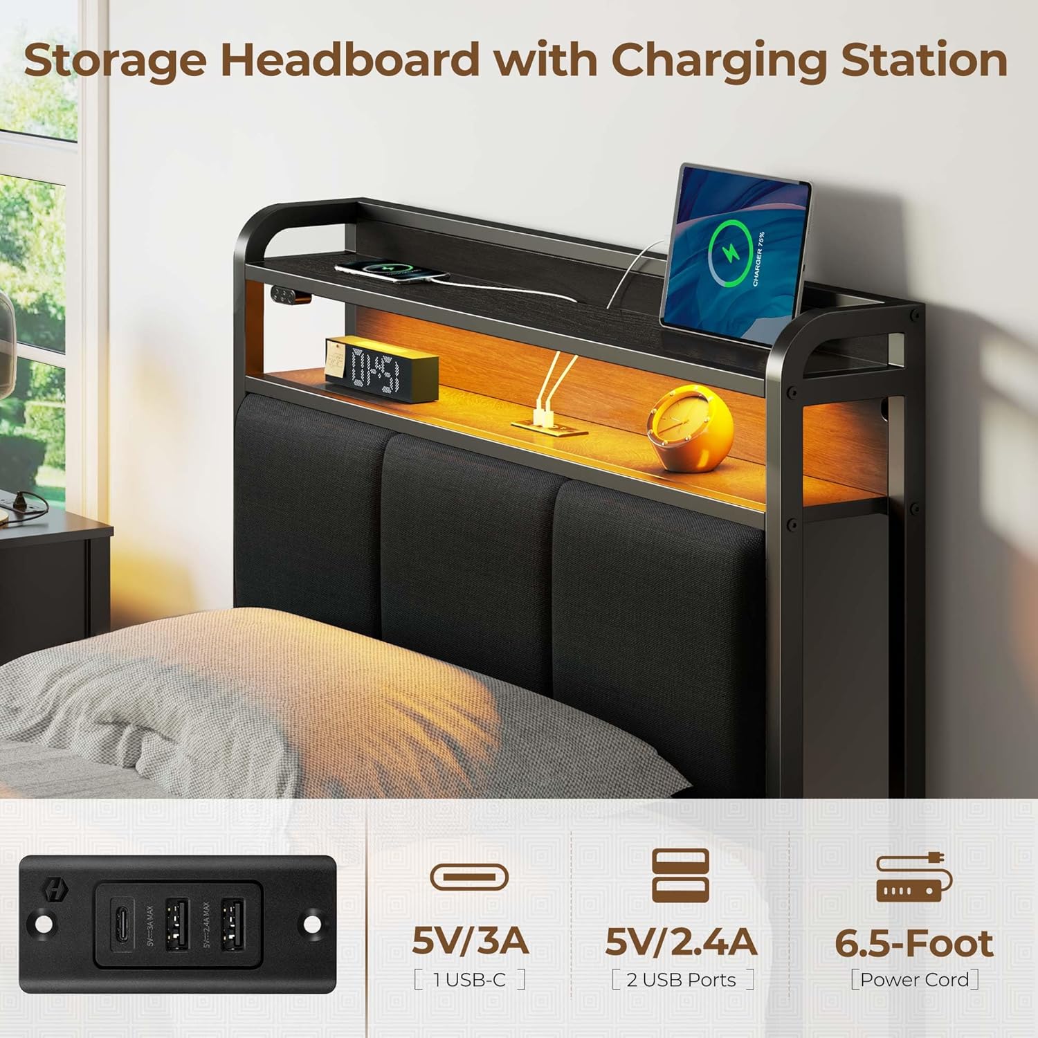 Rolanstar Bed Frame Twin Size with Charging Station and LED Lights, Upholstered Headboard with Storage Shelves, Heavy Duty Metal Slats, No Box Spring Need, Noise Free, Easy Assembly, Dark Grey - Image 4