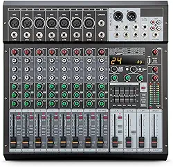 Mesa de Som de 9 Canais com Bluetooth, Reprodutor/Gravador de MP3, 99 Efeitos Digitais, Phantom Power, Equalizador de 3 Bandas - Mesa de Mixagem Profissional para Som ao Vivo, Estúdio e Karaokê