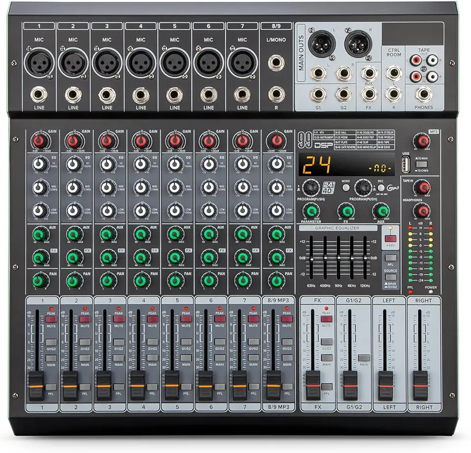 Mesa de Som Amplificada de 9 Canais com 99 Efeitos DSP, Amplificador de 500W×2, Bluetooth, USB/MP3, Phantom Power de 48V, EQ de 5 Bandas - Mesa de Mixagem Profissional (220V)